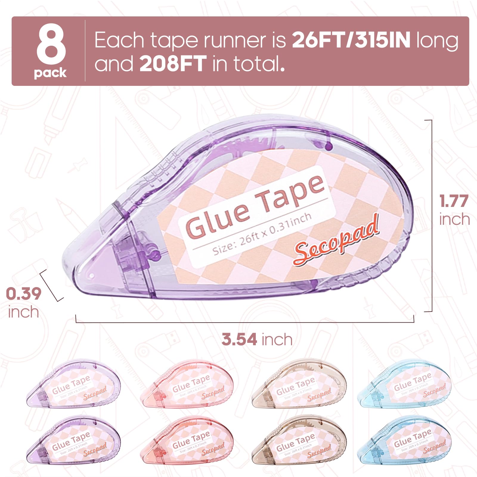 Secopad Scrapbook Tape, 4 Pack Double Sided Tape Roller for Crafts, Adhesive Glue Runner Scrapbooking Supplies Journaling School Office Teacher Supplies, 0.3IN x 26FT, Clear Light-Colored Shell