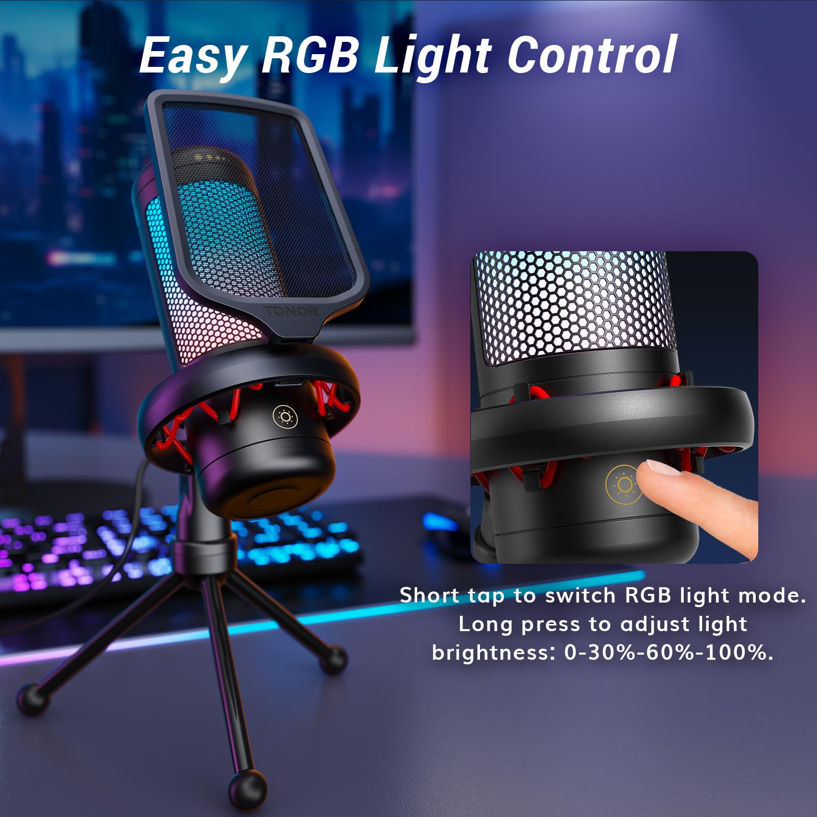 TONOR Gaming Microphone Set with Boom Arm, Vocal Condenser Microphone for PC with Stand, USB Mic with controllable RGB Light, One Tap Mute, Volume Control, for Discord, Twitch Streaming, TC310+