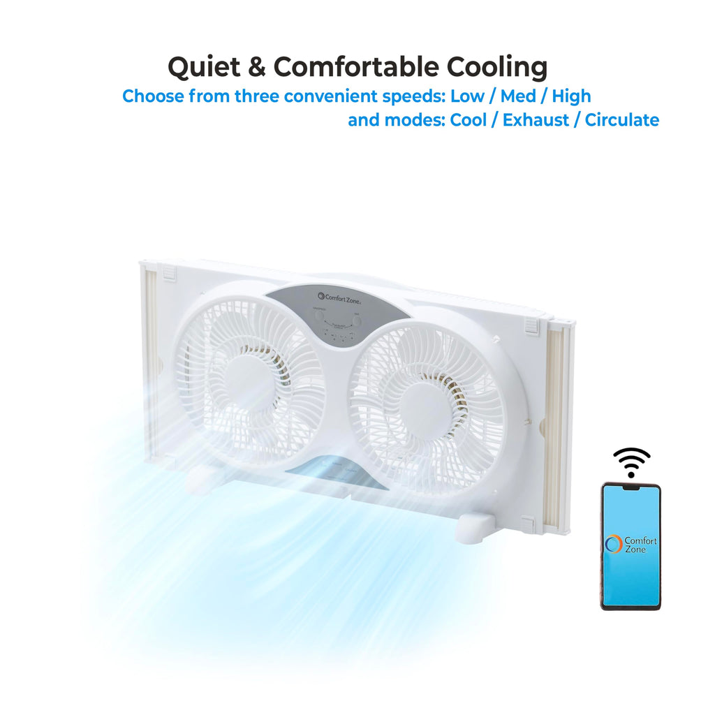Comfort Zone Twin Window Fan with Reversible Airflow Control, 9 inch, Auto-Locking Expanders, 2 Speed Fan, Dual Fan, Exhaust, Airflow 9.84 ft/sec, Ideal for Home, Kitchen, Bedroom & Office, CZ319WT
