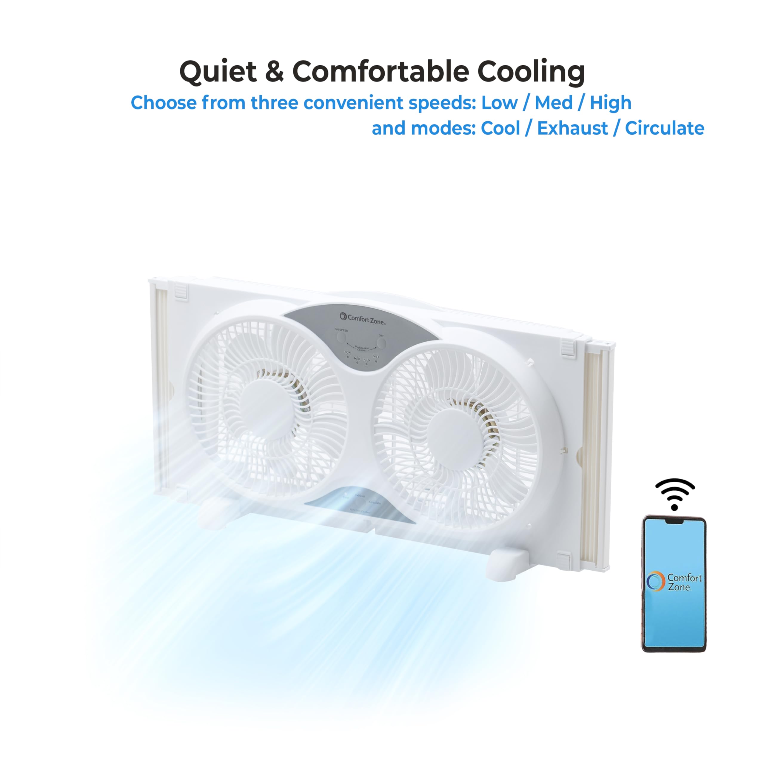 Comfort Zone Twin Window Fan with Reversible Airflow Control, 9 inch, Auto-Locking Expanders, 2 Speed Fan, Dual Fan, Exhaust, Airflow 9.84 ft/sec, Ideal for Home, Kitchen, Bedroom & Office, CZ319WT