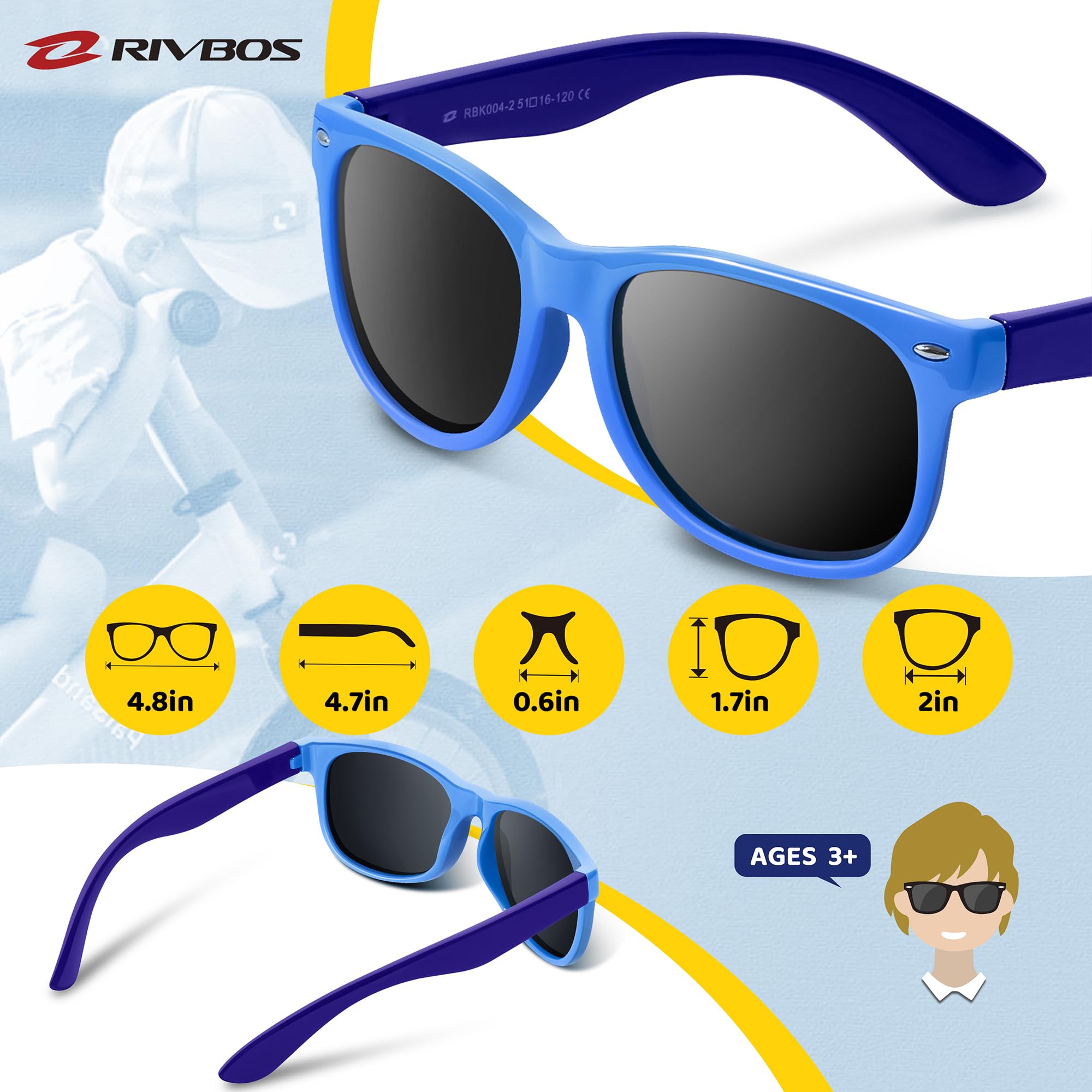 RIVBOS Kids Sunglasses Polarized UV Protection Flexible Rubber Glasses Shades with Strap for Boys Girls RBK004