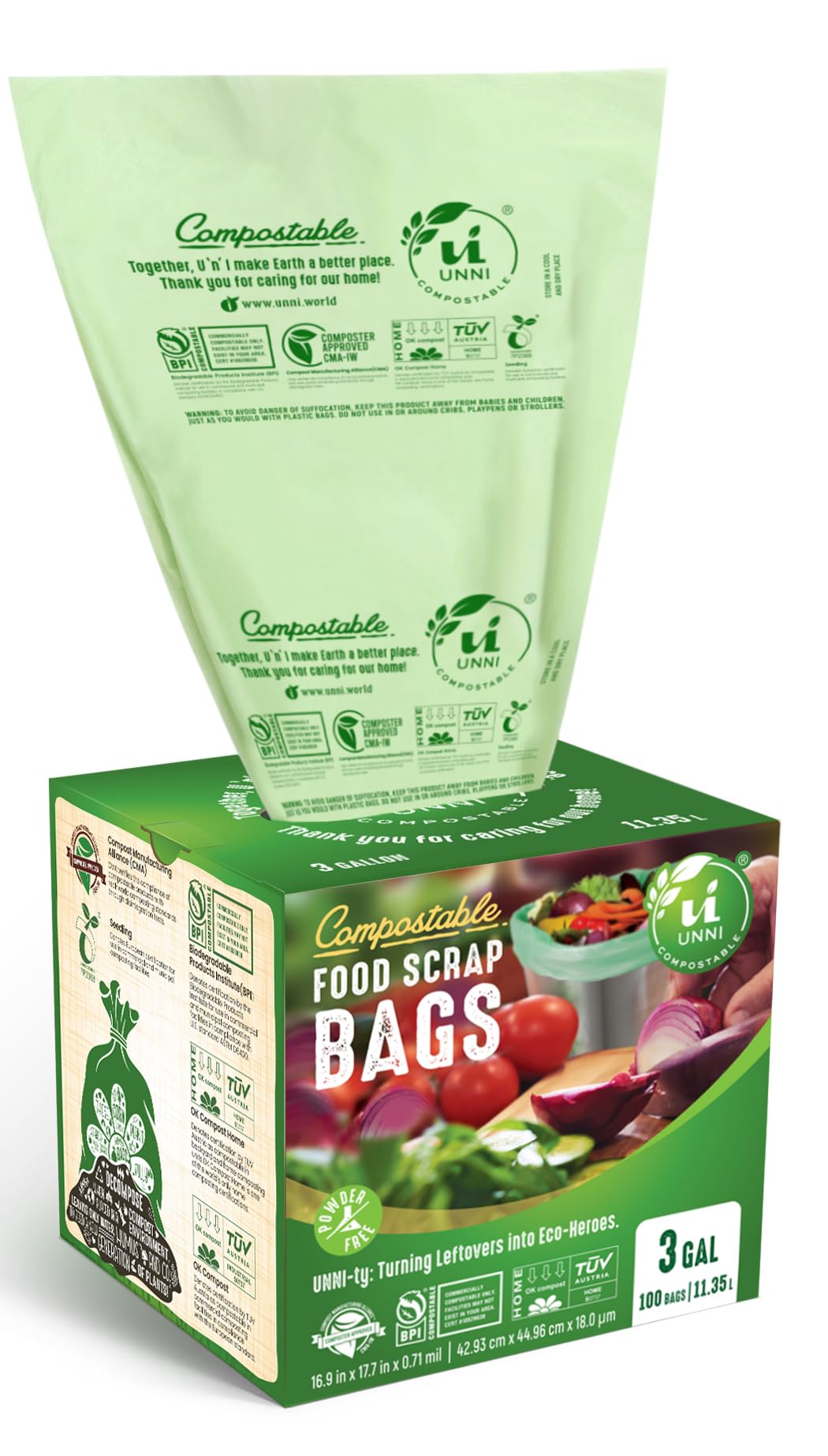 UNNI Compostable Trash Bags, 2.6 Gallon / 9.84 Liter, 100 Count, Extra Thick 0.71 Mil Small Kitchen Food Scrap Bin Liners, Certified by BPI, CMA & OK compost HOME, Meets the ASTM D6400 Standard