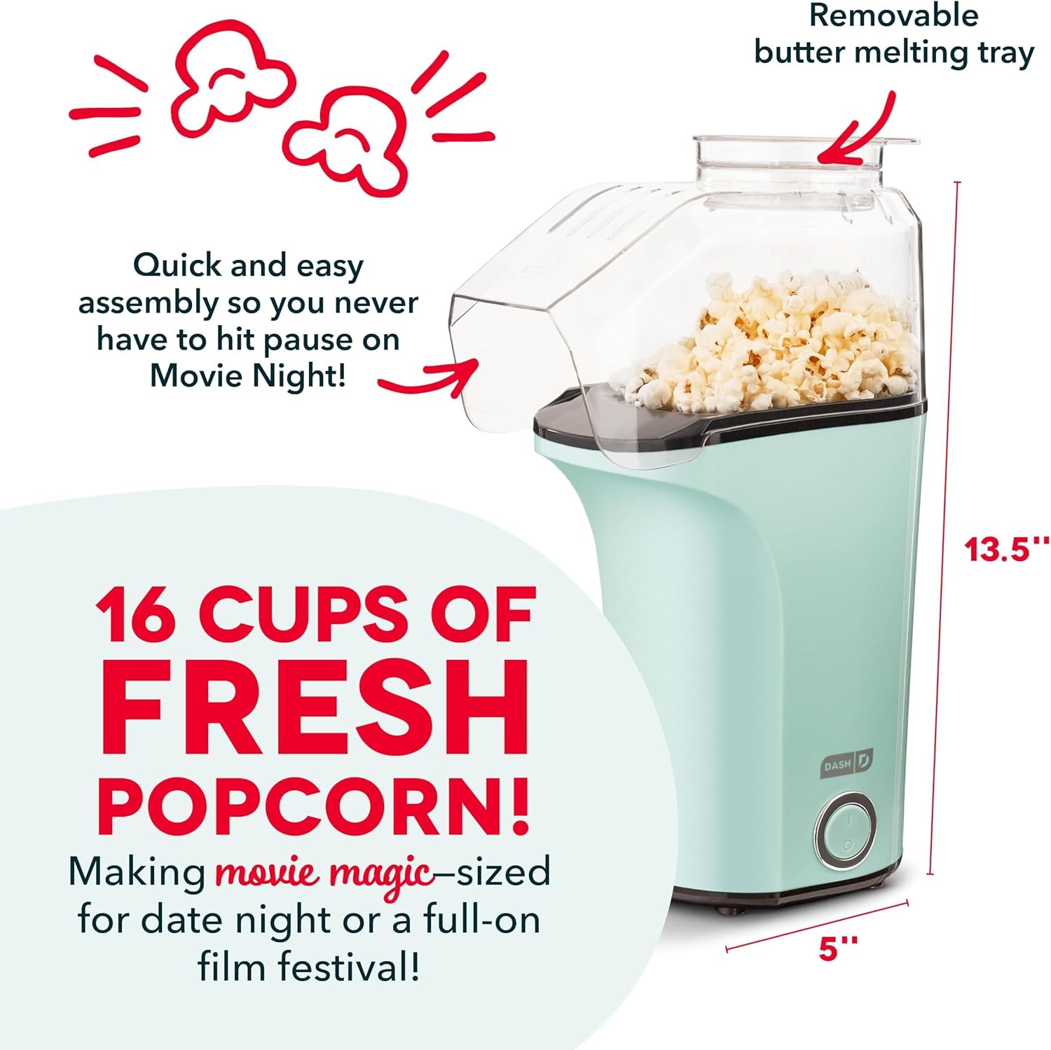 DASH Fresh Pop Popcorn Maker - Oil-Free, Air Popcorn Popper - With Measuring Cup & Recipe Guide - Perfect for Movie Nights - 16 Cups, Aqua