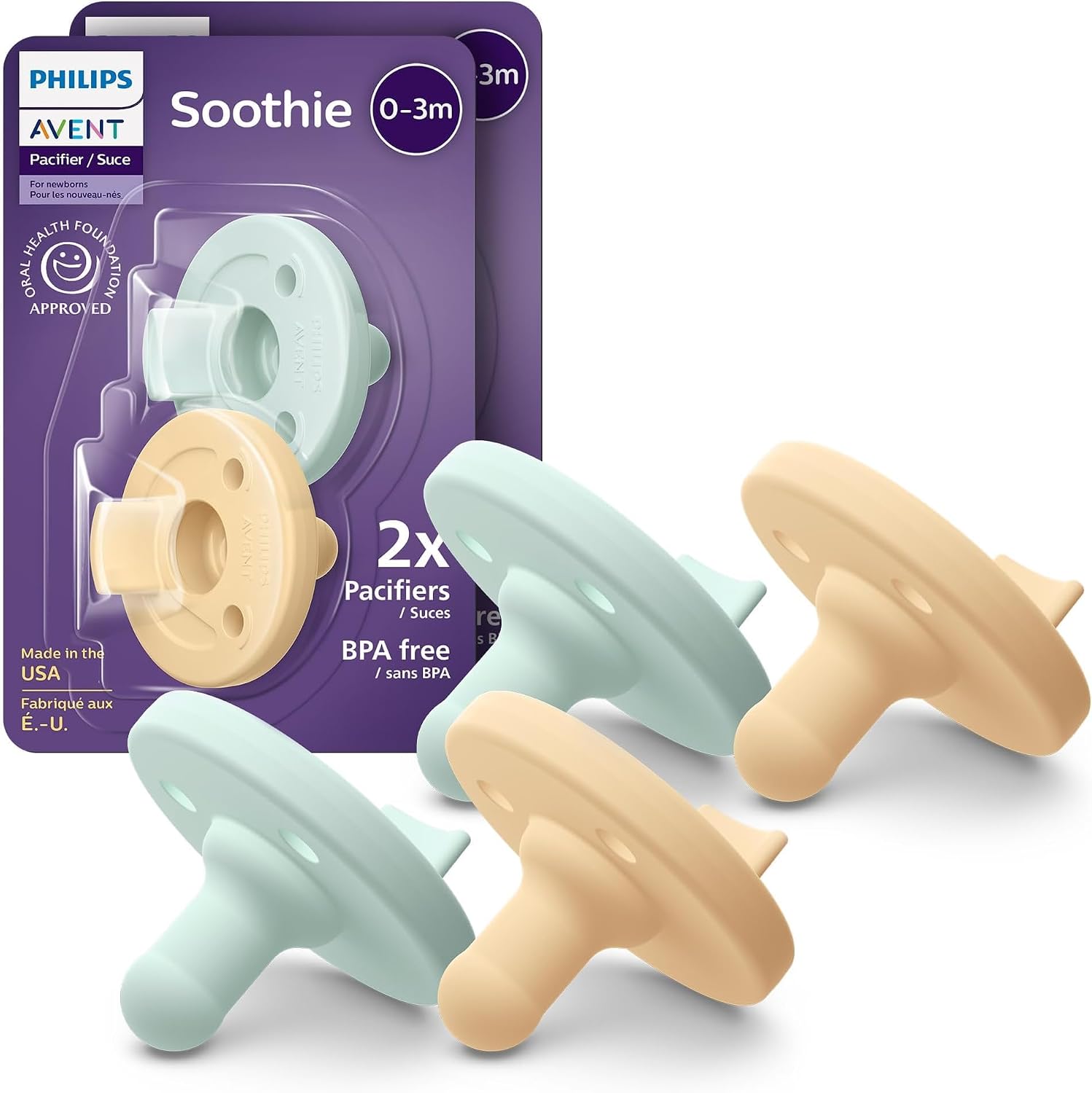Philips Avent Soothie Baby Pacifiers - 100% Silicone Pacifiers for Babies 0-3 Months, One-piece Design, BPA-Free, Extra Durable, Green, 4 Pack, Model SCF190/41