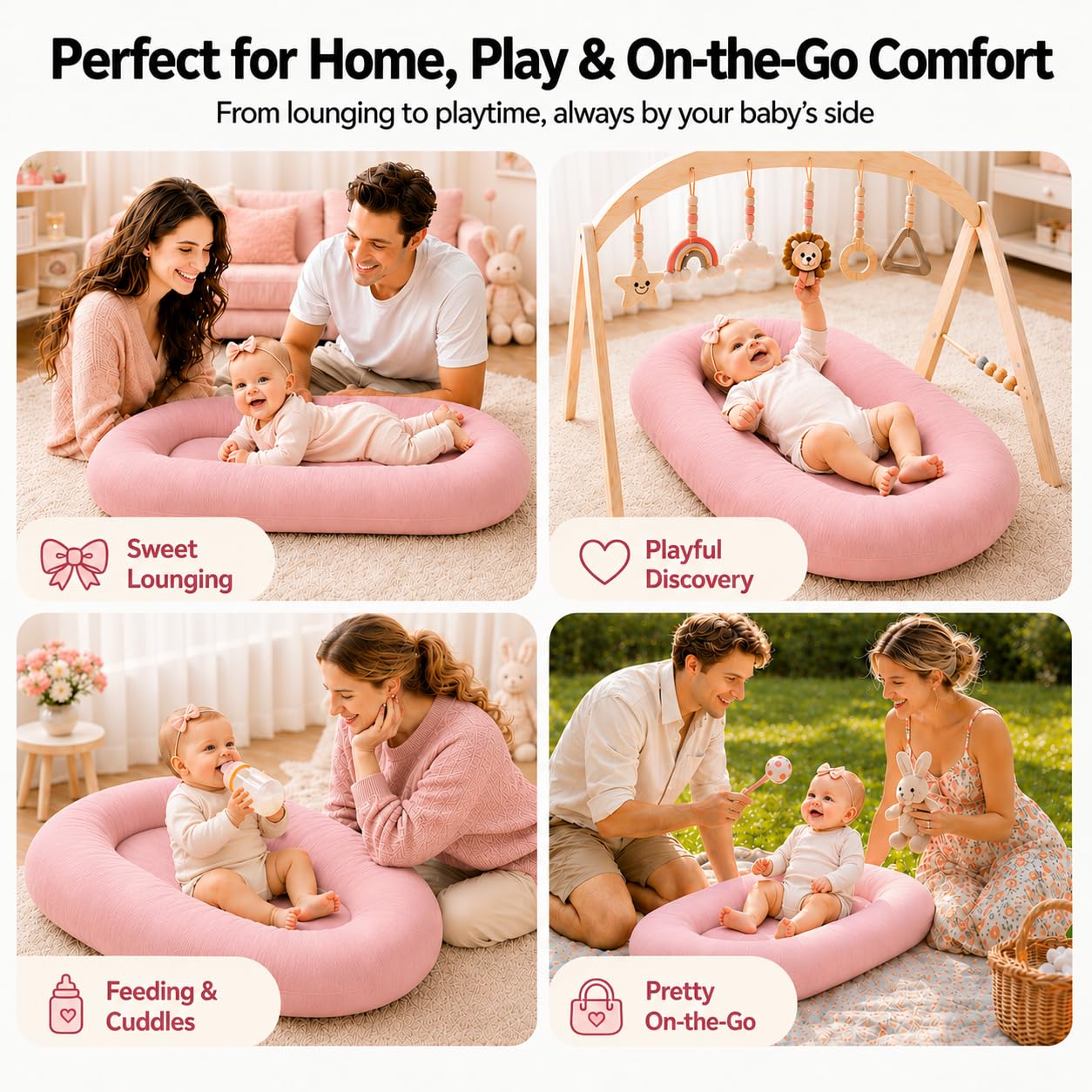 Baby Lounger for Newborns 0-24 Months - Baby Essentials | Soft Breathable Cotton Infant Support Cushion for Tummy Time & Play, Portable Infant Lounger - Cloud White (Cover Included)