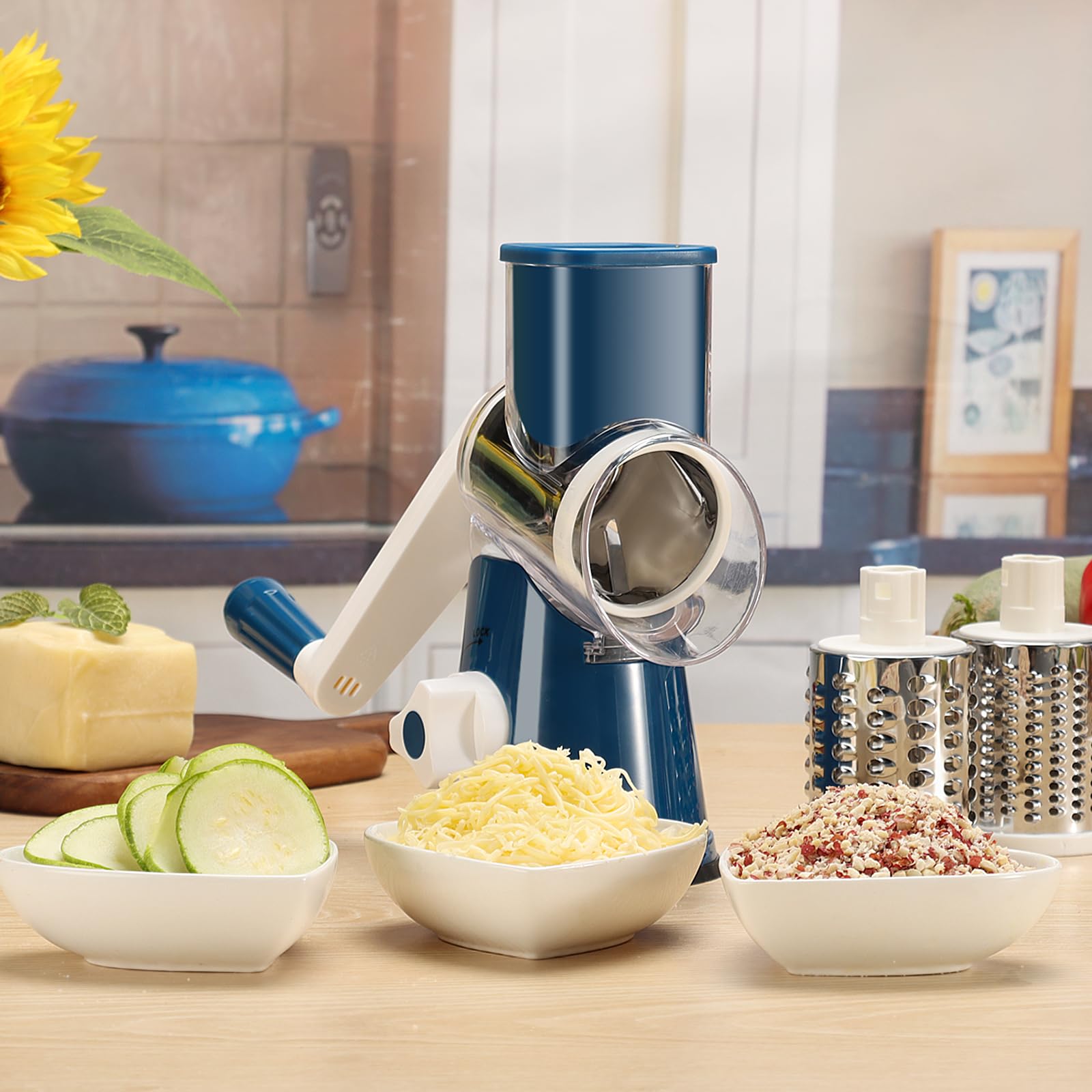 Cambom Rotary Cheese Grater Hand Crank Cheese Shredder for Fresh Cheese, Vegetable, Nuts,Non-slip Suction Base, Three Blades, Black