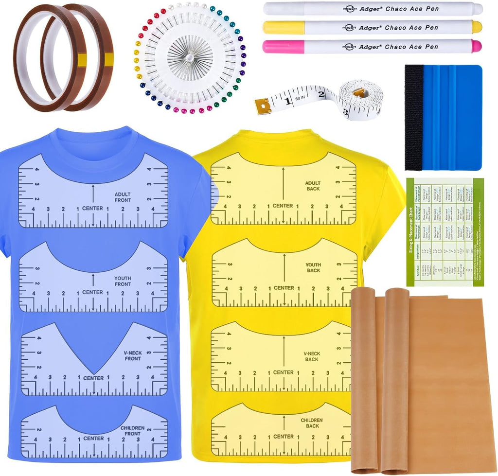 9Pcs Tshirt-Ruler Guide to Center Vinyl, Transparent V-Neck/Round PVC Ruler for Alignment, Heat Press, Children Youth Adult, Front and Back Measurement (10in)