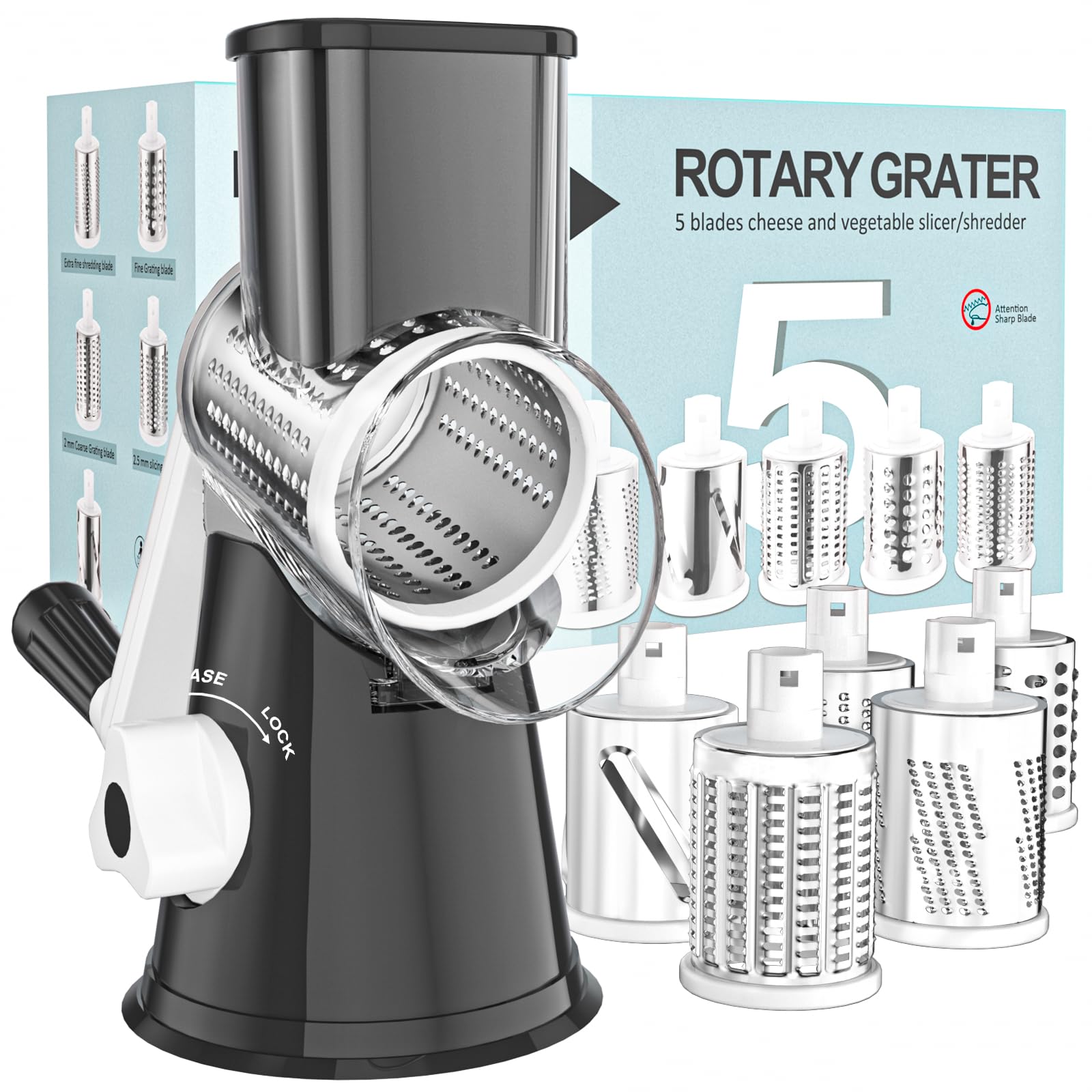Cambom Rotary Cheese Grater Hand Crank Cheese Shredder for Fresh Cheese, Vegetable, Nuts,Non-slip Suction Base, Three Blades, Black