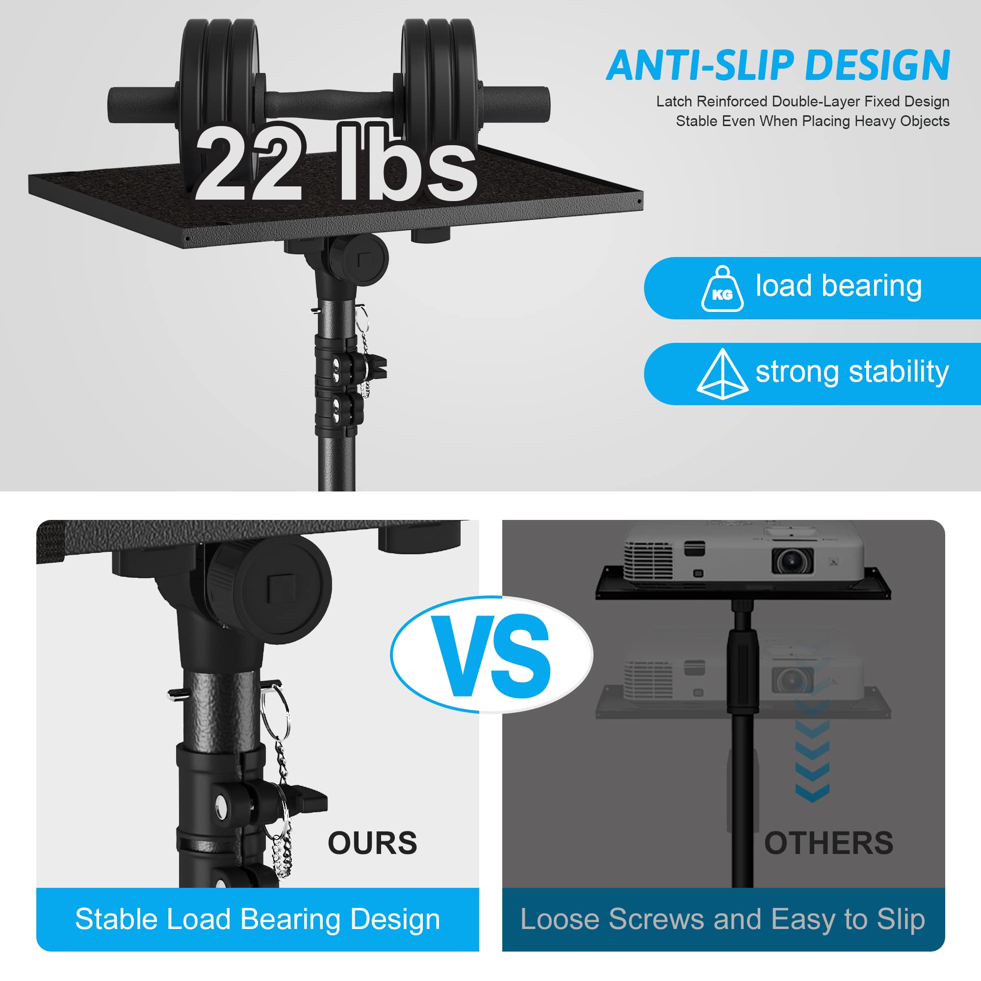 Projector Stand Tripod Adjustable, Laptop Height from 23.5 to 46.5 inches with Gooseneck Phone Holder, Floor for Office, Home, Stage, Studio, DJ Racks Holder Mount