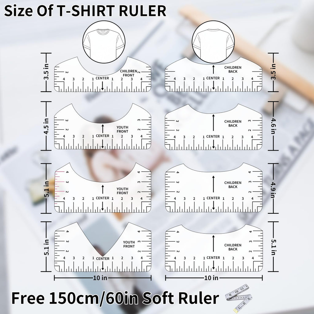 9Pcs Tshirt-Ruler Guide to Center Vinyl, Transparent V-Neck/Round PVC Ruler for Alignment, Heat Press, Children Youth Adult, Front and Back Measurement (10in)