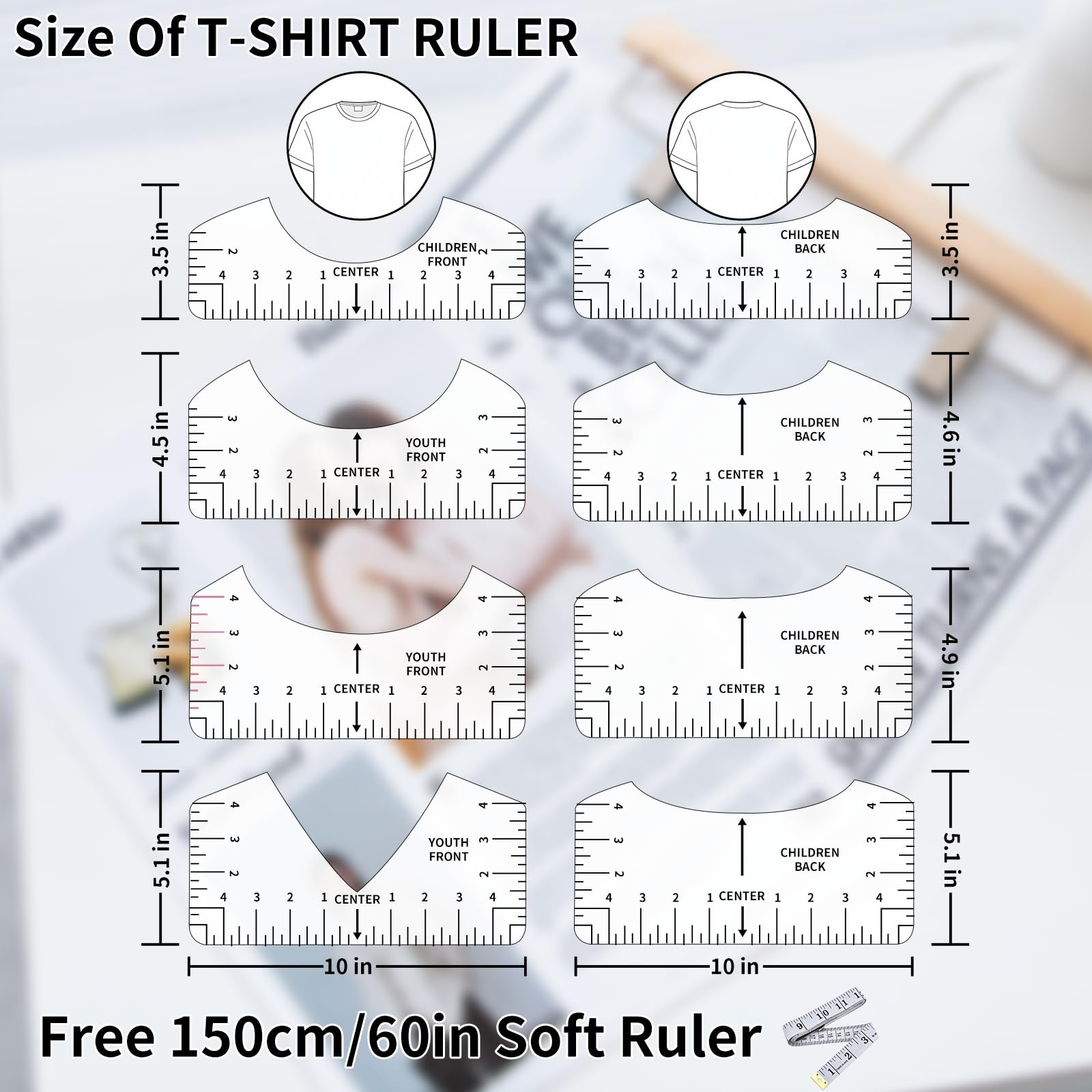 9Pcs Tshirt-Ruler Guide to Center Vinyl, Transparent V-Neck/Round PVC Ruler for Alignment, Heat Press, Children Youth Adult, Front and Back Measurement (10in)