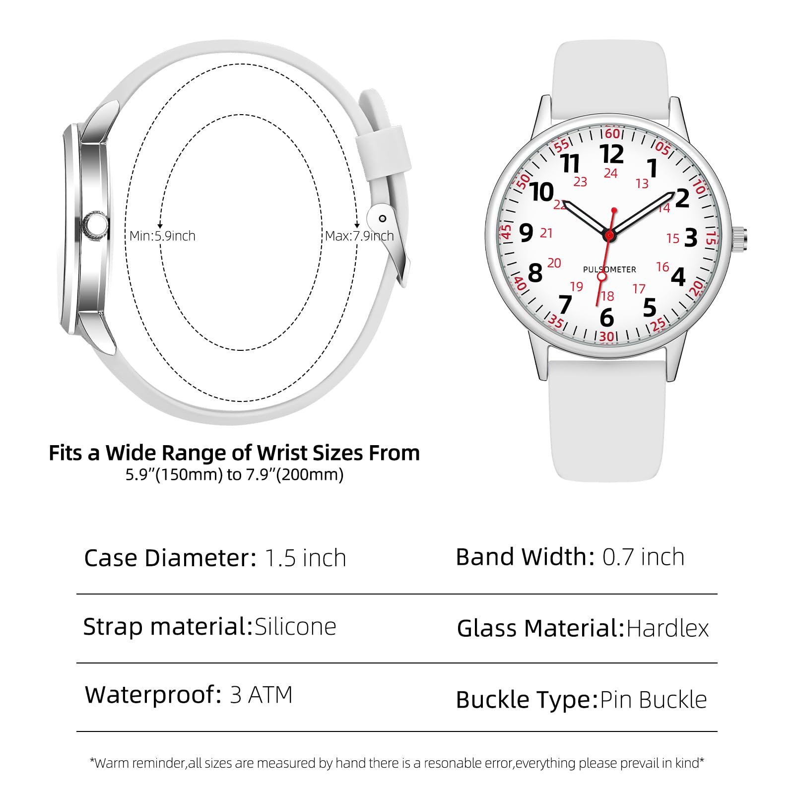 TWOPTION Nurse Watch for Women Waterproof Analog Silicone Watch with Second Hand Nursing Watch