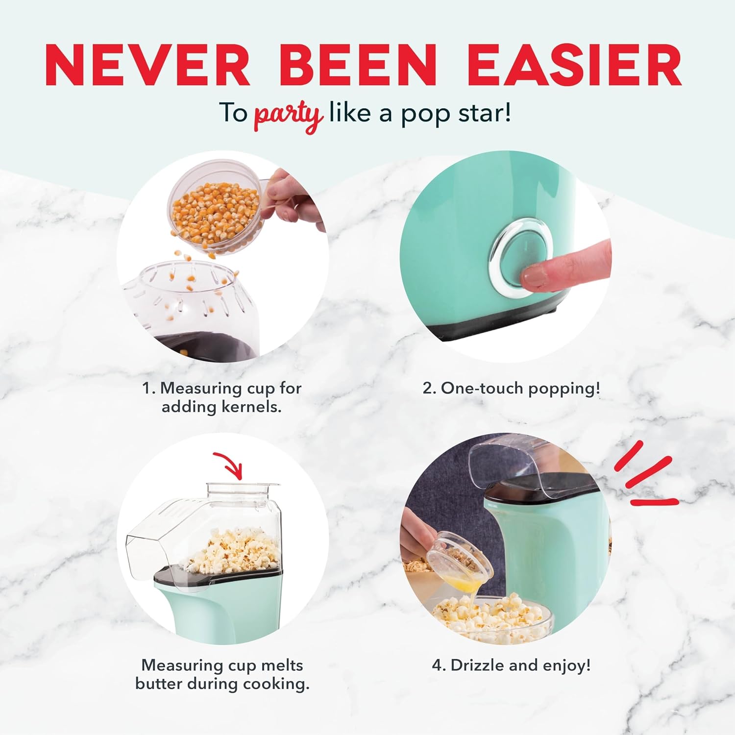 DASH Fresh Pop Popcorn Maker - Oil-Free, Air Popcorn Popper - With Measuring Cup & Recipe Guide - Perfect for Movie Nights - 16 Cups, Aqua