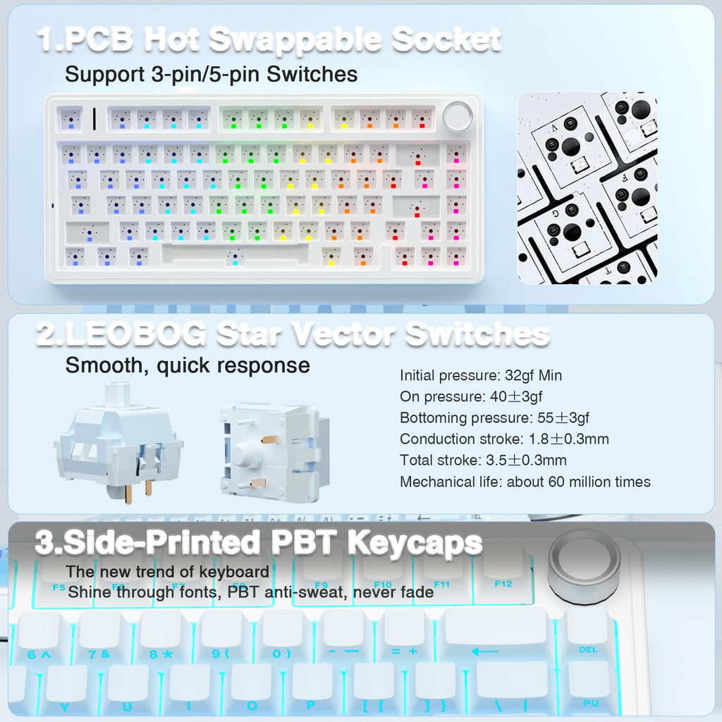 AULA F75 Pro Wireless Mechanical Keyboard,75% Hot Swappable Custom Keyboard with Knob,RGB Backlit,Pre-lubed Reaper Switches,Side Printed PBT Keycaps,2.4GHz/USB-C/BT5.0 Mechanical Gaming Keyboards