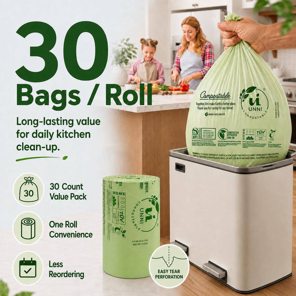 UNNI Compostable Trash Bags, 2.6 Gallon / 9.84 Liter, 100 Count, Extra Thick 0.71 Mil Small Kitchen Food Scrap Bin Liners, Certified by BPI, CMA & OK compost HOME, Meets the ASTM D6400 Standard