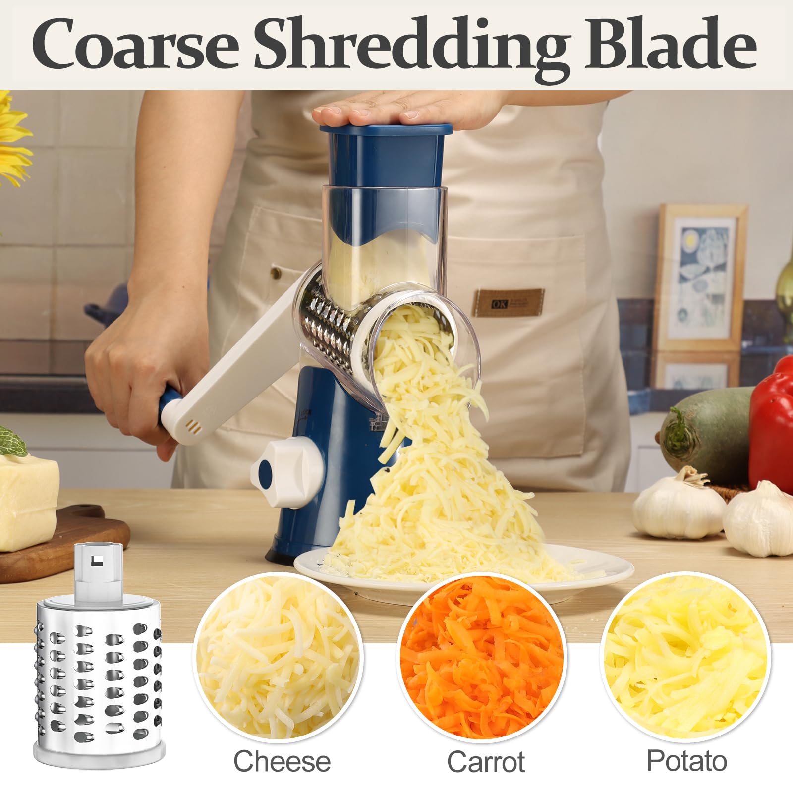 Cambom Rotary Cheese Grater Hand Crank Cheese Shredder for Fresh Cheese, Vegetable, Nuts,Non-slip Suction Base, Three Blades, Black