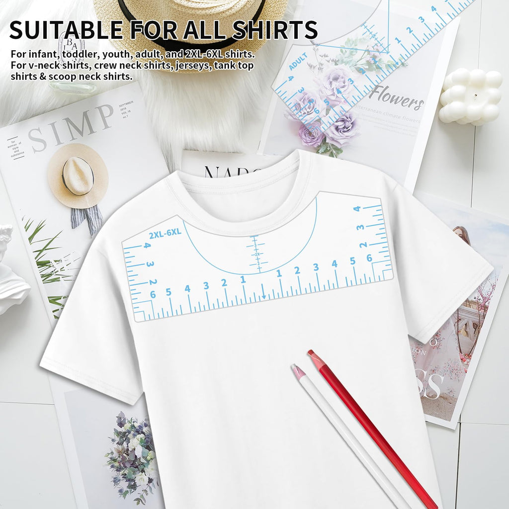 9Pcs Tshirt-Ruler Guide to Center Vinyl, Transparent V-Neck/Round PVC Ruler for Alignment, Heat Press, Children Youth Adult, Front and Back Measurement (10in)