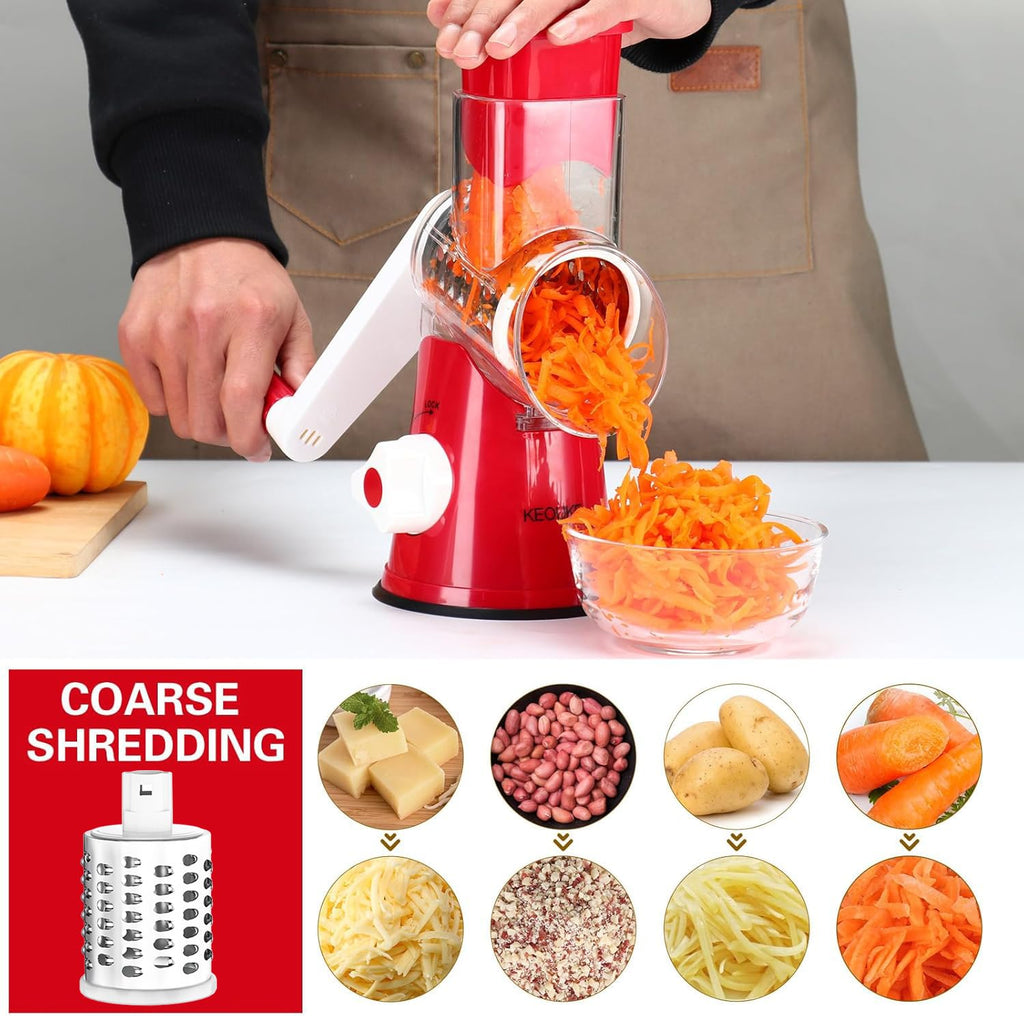 Cambom Rotary Cheese Grater Hand Crank Cheese Shredder for Fresh Cheese, Vegetable, Nuts,Non-slip Suction Base, Three Blades, Black