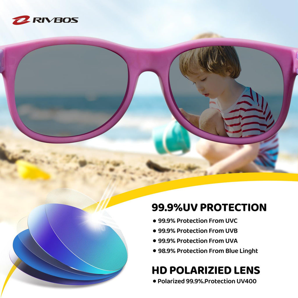 RIVBOS Kids Sunglasses Polarized UV Protection Flexible Rubber Glasses Shades with Strap for Boys Girls RBK004