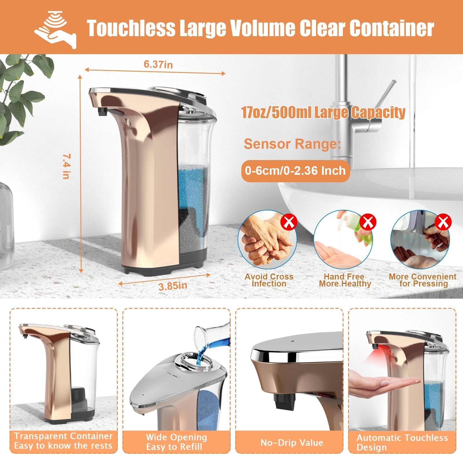 PZOTRUF Automatic Soap Dispenser, Touchless Dish Soap Dispenser 17oz/500ml with Infrared Sensor, 5 Adjustable Soap Dispensing Levels, Liquid Hand Dispenser for Bathroom Kitchen Sink (Silver)