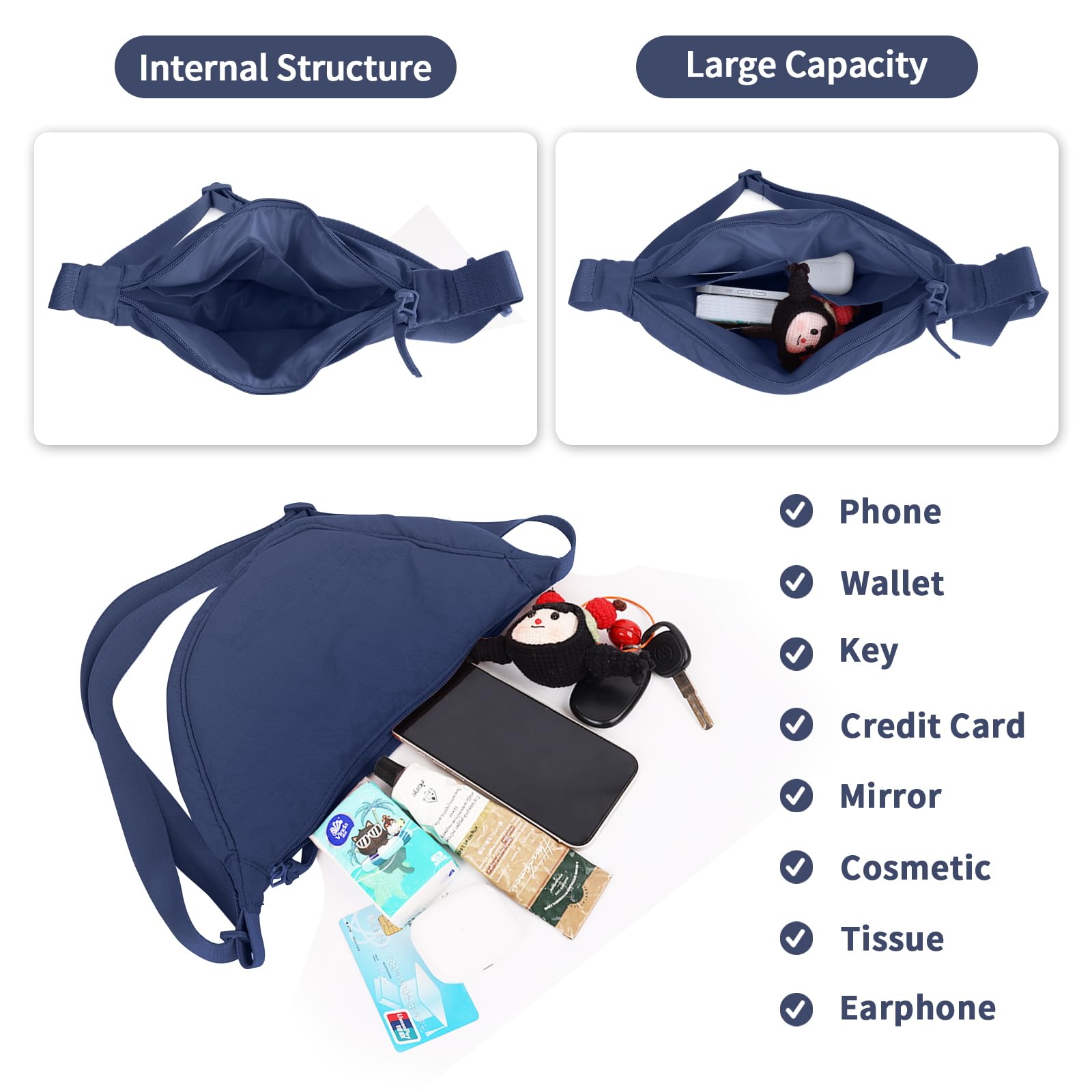 Nylon Crescent Crossbody Bag for Women Purses Trendy Men,Small Travel Sling Bag Hobo