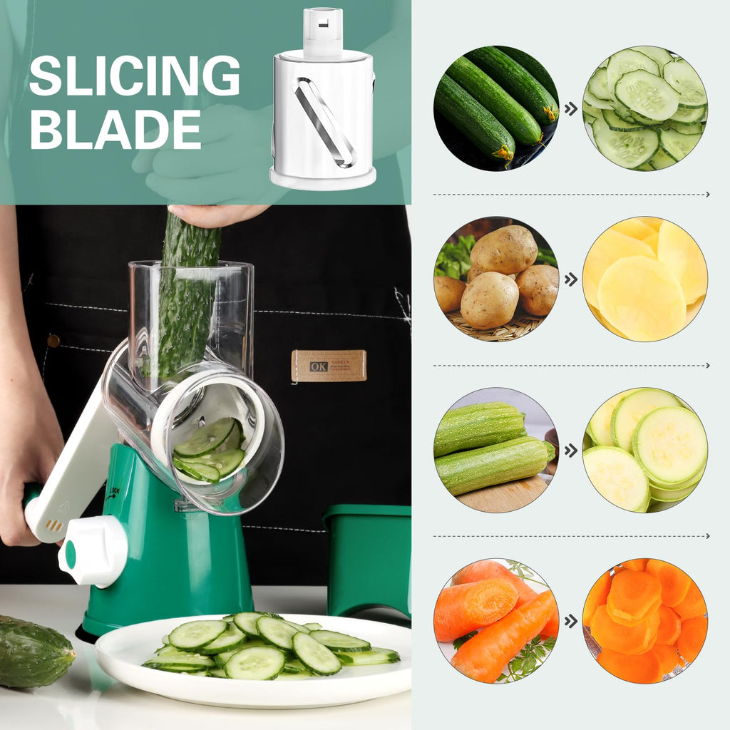 Cambom Rotary Cheese Grater Hand Crank Cheese Shredder for Fresh Cheese, Vegetable, Nuts,Non-slip Suction Base, Three Blades, Black