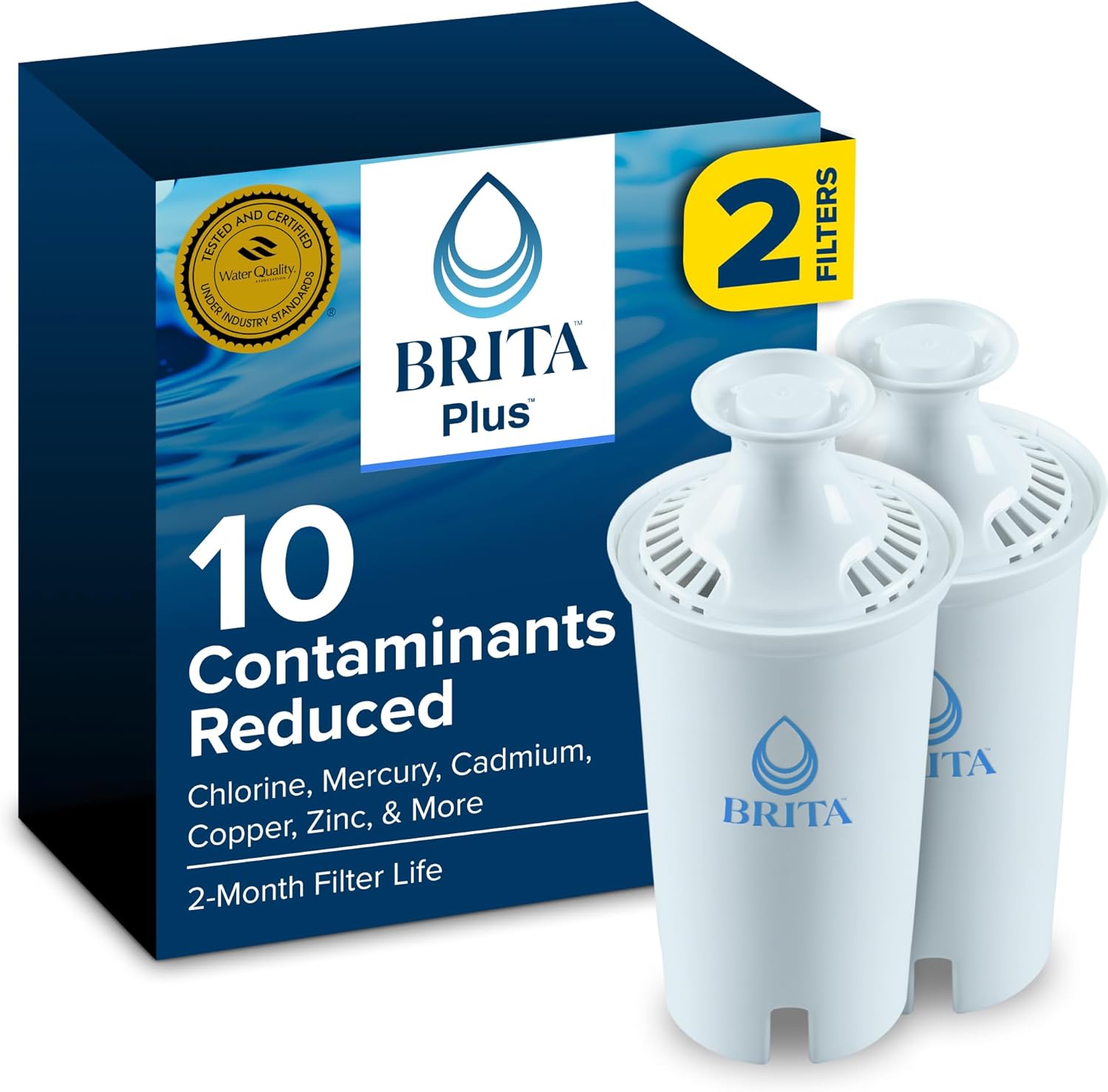Brita BritaPlus Replacement Water Filter for Pitchers and Dispensers, WQA NSF/ANSI Certified, Reduces 2x More Contaminants vs. Standard Brita, Reduces Chlorine Zinc Copper Mercury & More, 4 Filters