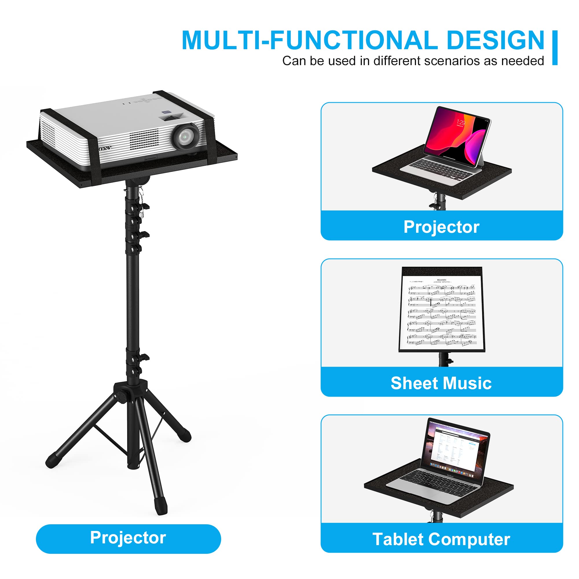 Projector Stand Tripod Adjustable, Laptop Height from 23.5 to 46.5 inches with Gooseneck Phone Holder, Floor for Office, Home, Stage, Studio, DJ Racks Holder Mount