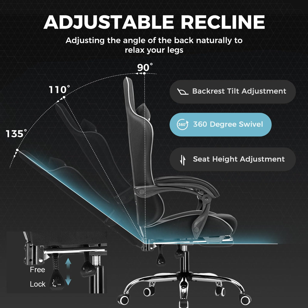 GTPLAYER Gaming Chair, Computer Chair with Footrest and Lumbar Support, Height Adjustable Game Chair with 360°-Swivel Seat and Headrest and for Office or Gaming (Pearl White)