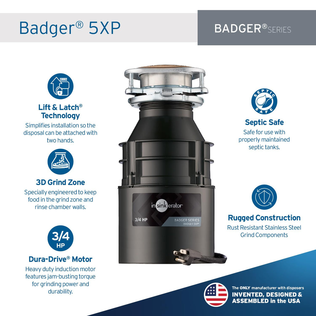 InSinkErator Badger 5 Garbage Disposal with Power Cord, Badger Series 1/2 HP Continuous Feed Food Waste Disposer