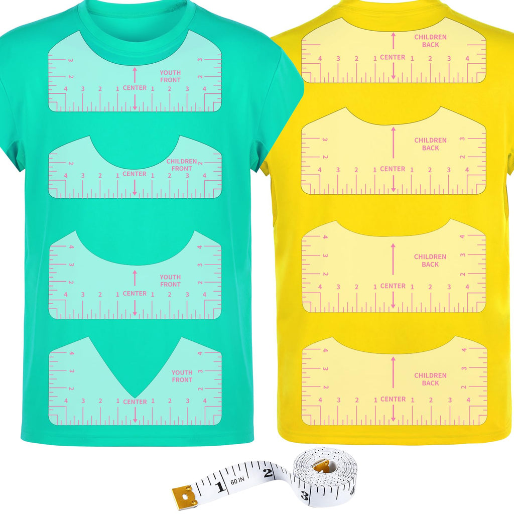 9Pcs Tshirt-Ruler Guide to Center Vinyl, Transparent V-Neck/Round PVC Ruler for Alignment, Heat Press, Children Youth Adult, Front and Back Measurement (10in)