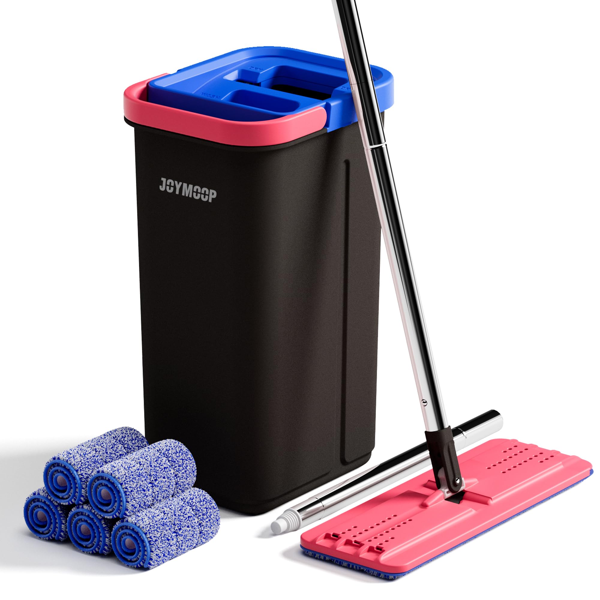 JOYMOOP Mop and Bucket Set, Hands-Free Flat Floor Mop with 3 Washable Microfiber Pads, Wet and Dry Use, Ideal for Home and Commercial Floor Cleaning