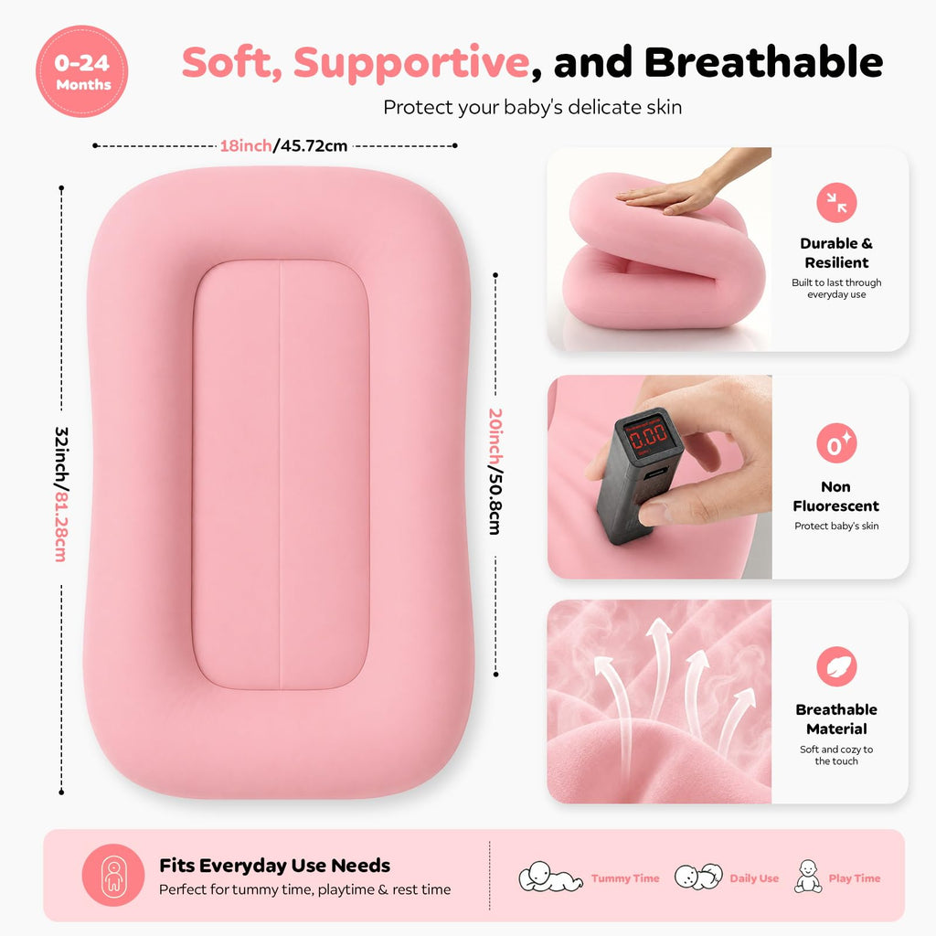 Baby Lounger for Newborns 0-24 Months - Baby Essentials | Soft Breathable Cotton Infant Support Cushion for Tummy Time & Play, Portable Infant Lounger - Cloud White (Cover Included)