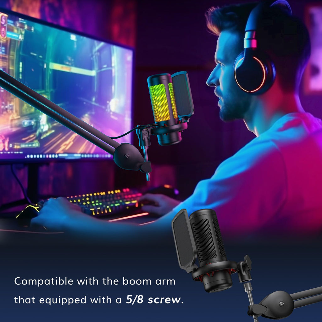 TONOR Gaming Microphone Set with Boom Arm, Vocal Condenser Microphone for PC with Stand, USB Mic with controllable RGB Light, One Tap Mute, Volume Control, for Discord, Twitch Streaming, TC310+