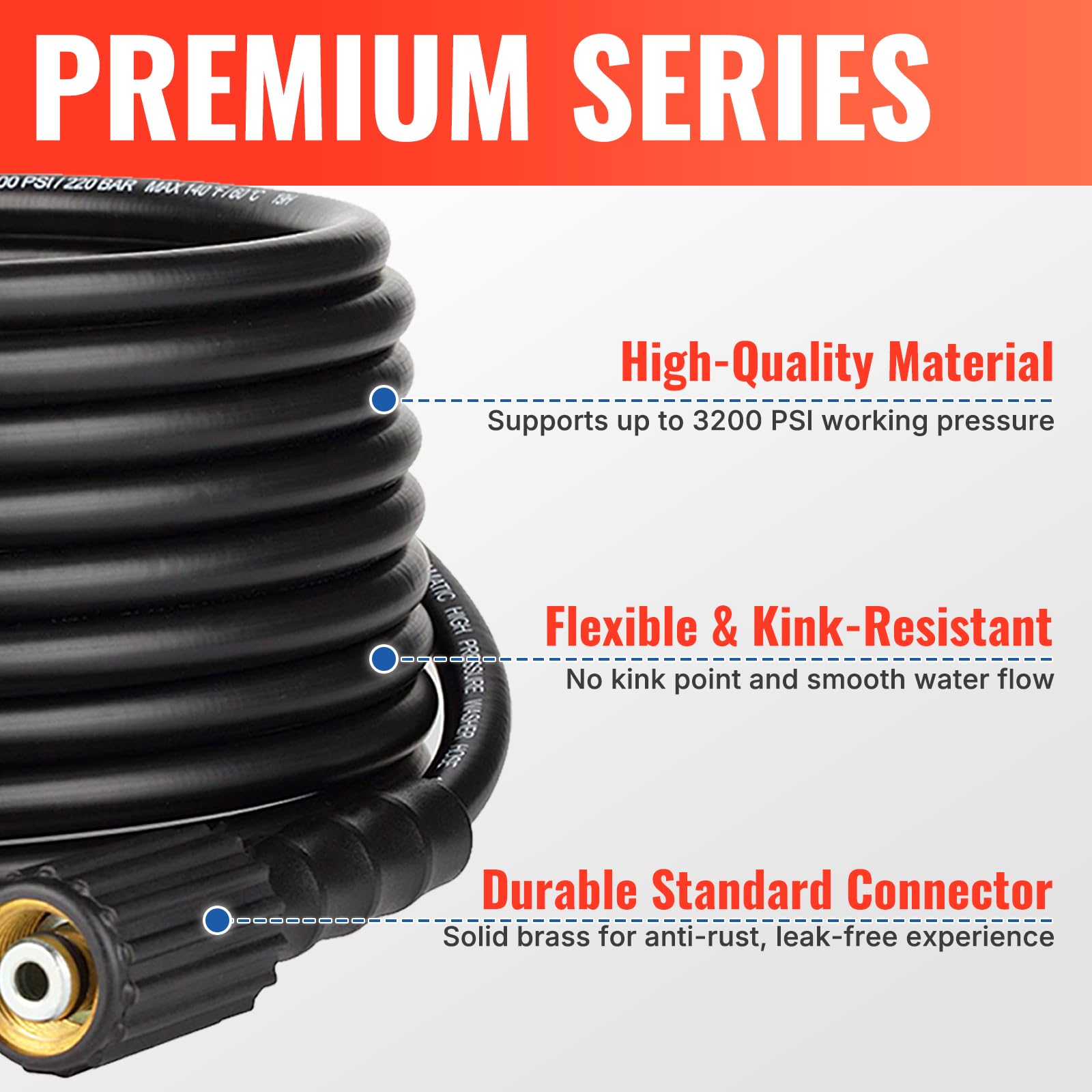 YAMATIC Pressure Washer Hose 50FT x 1/4", 3200 PSI Kink Resistant Power Washer Replacement Hose, M22-14mm Female Brass Fittings for Ryobi Troy-Bilt Greenworks Craftsman