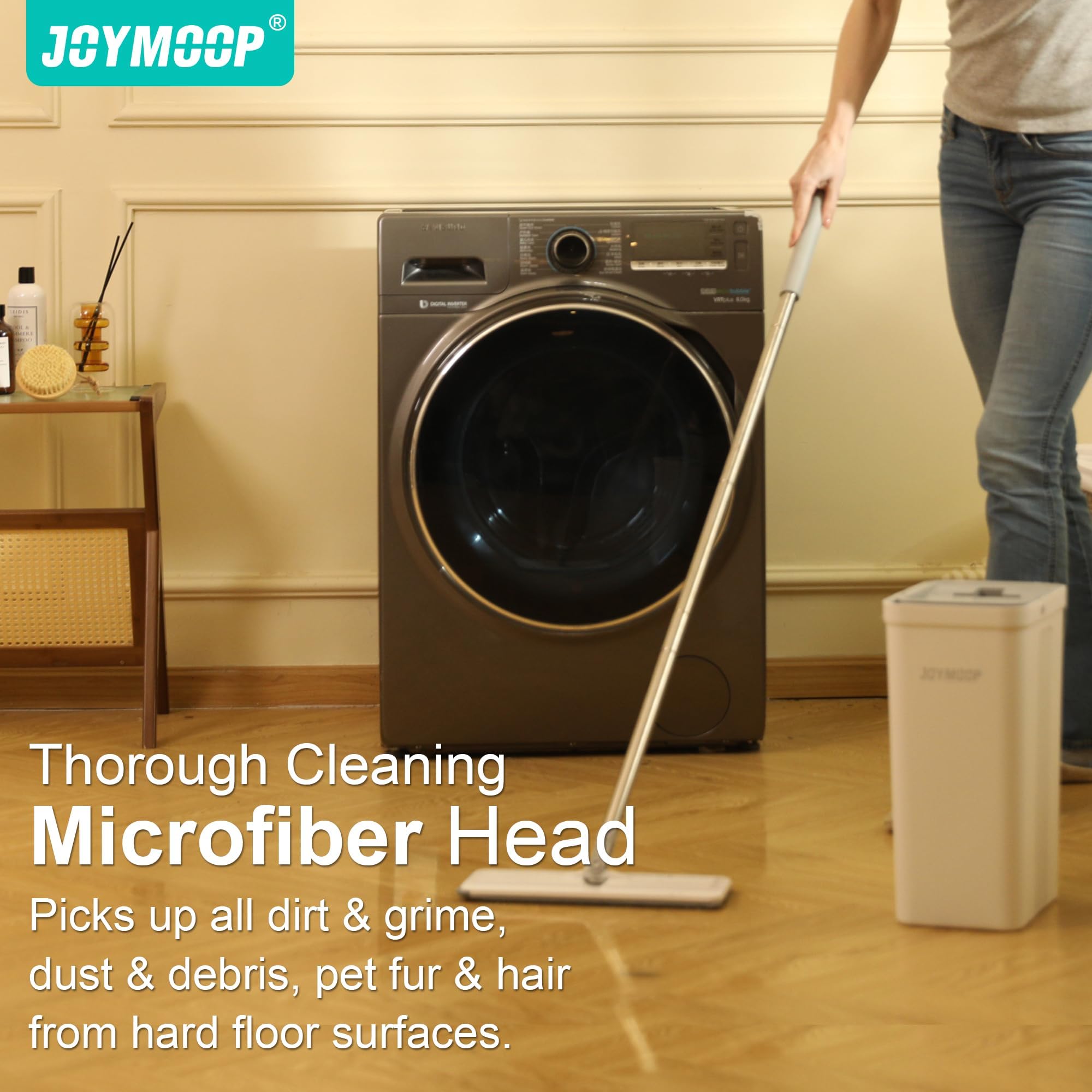 JOYMOOP Mop and Bucket Set, Hands-Free Flat Floor Mop with 3 Washable Microfiber Pads, Wet and Dry Use, Ideal for Home and Commercial Floor Cleaning