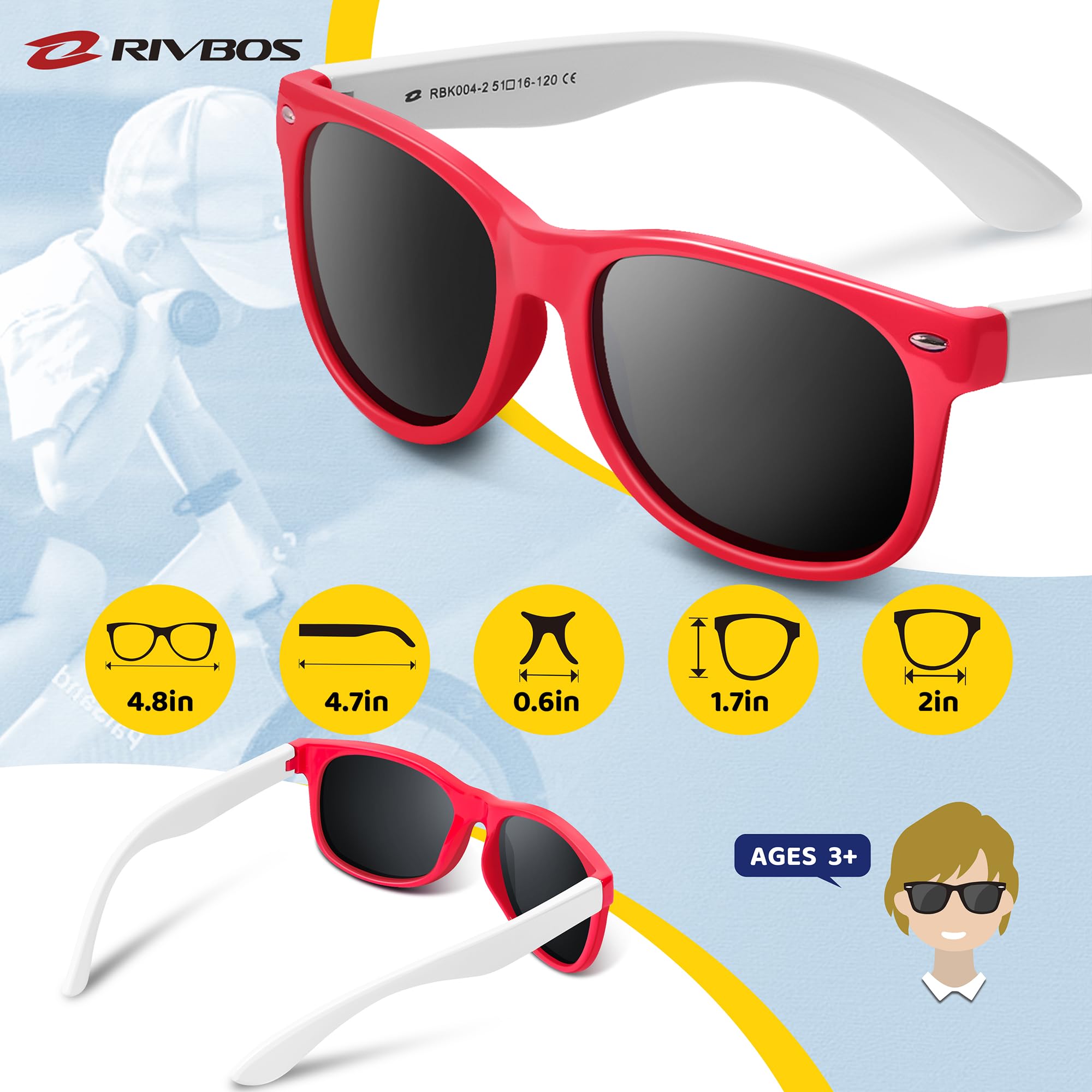 RIVBOS Kids Sunglasses Polarized UV Protection Flexible Rubber Glasses Shades with Strap for Boys Girls RBK004