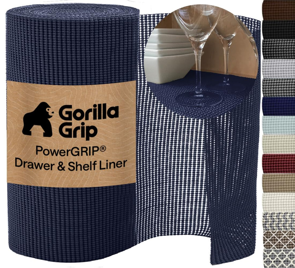 GORILLA GRIP powerGRIP Drawer Shelf and Cabinet Liner, Thick Strong Hold, Non-Adhesive Liners Protect Kitchen Cabinets and Cupboard, Bathroom Drawers, Easy Install Mat, 12" x20', Beige