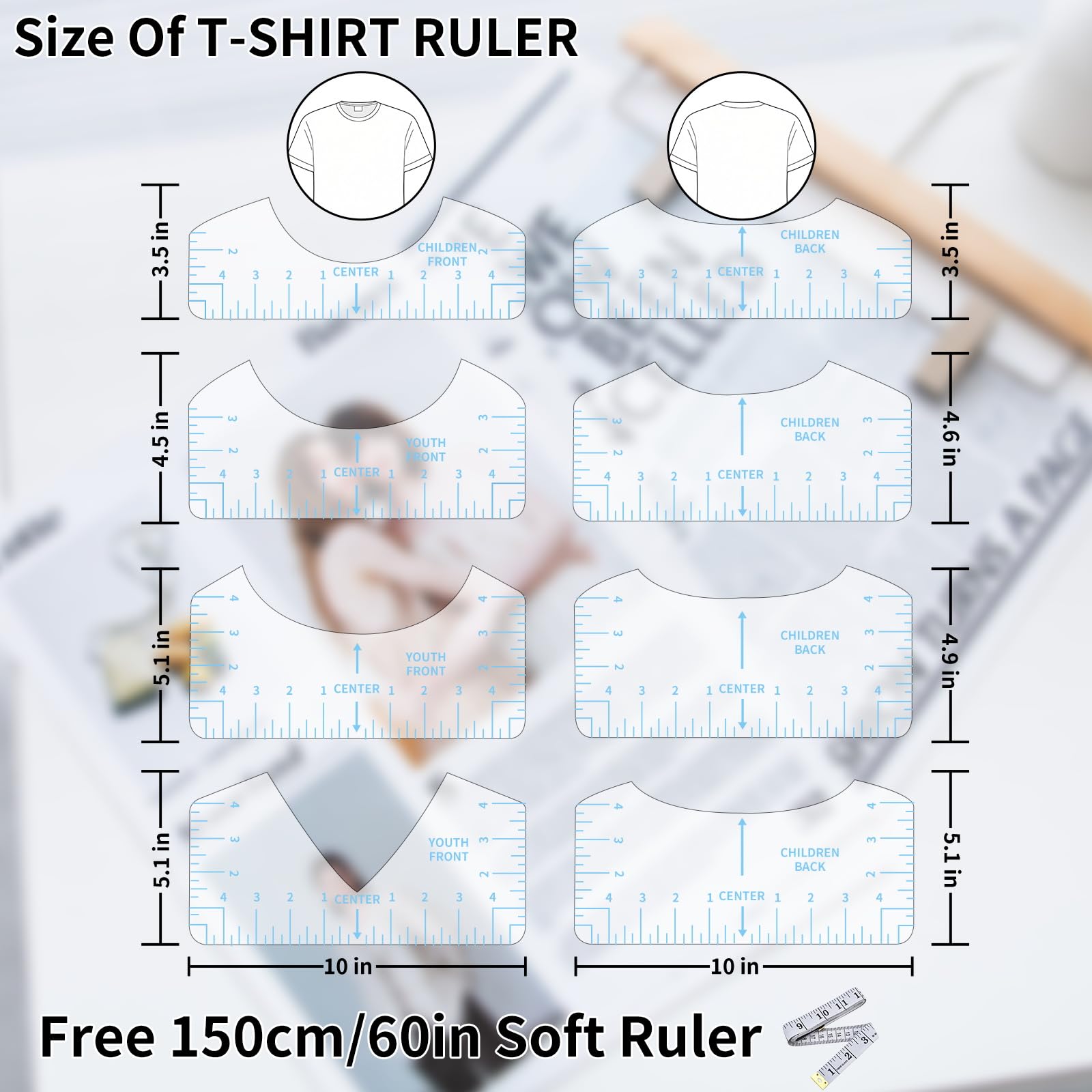 9Pcs Tshirt-Ruler Guide to Center Vinyl, Transparent V-Neck/Round PVC Ruler for Alignment, Heat Press, Children Youth Adult, Front and Back Measurement (10in)