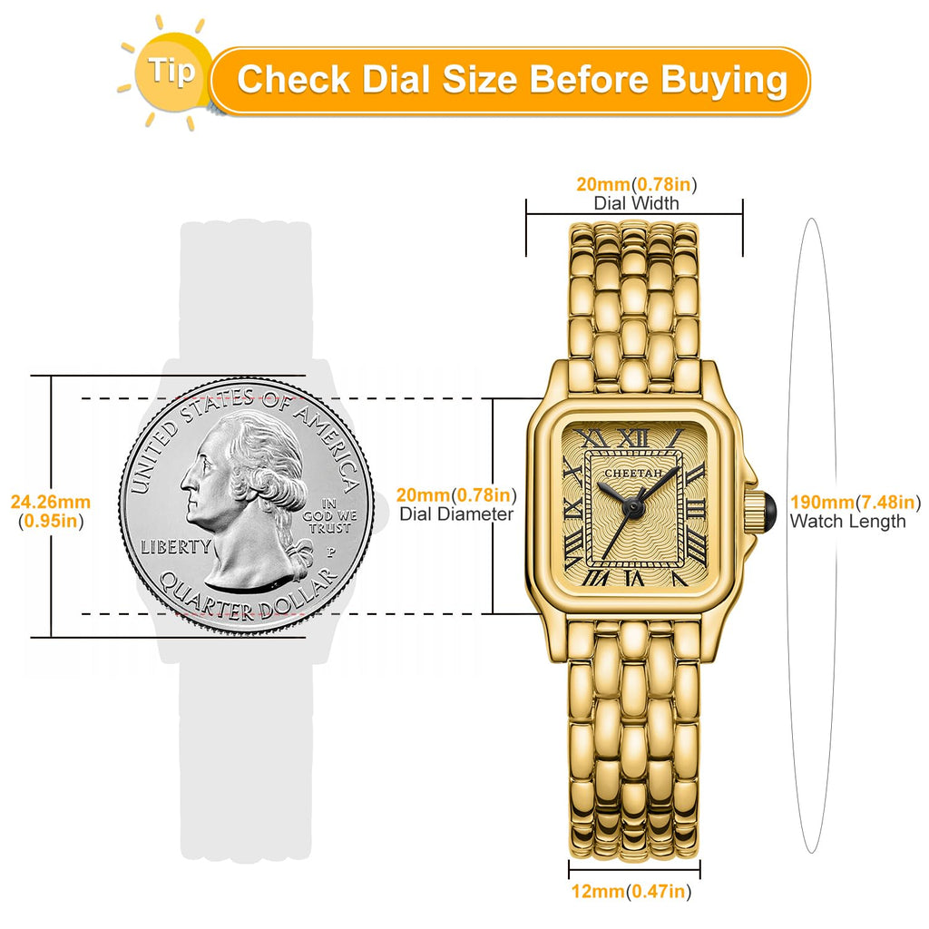 CHEETAH Gold Watches for Women with Small Vintage Bracelet, Rectangular Case Roman Dial