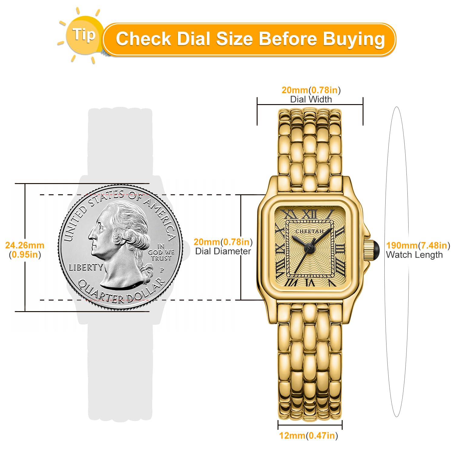 CHEETAH Gold Watches for Women with Small Vintage Bracelet, Rectangular Case Roman Dial