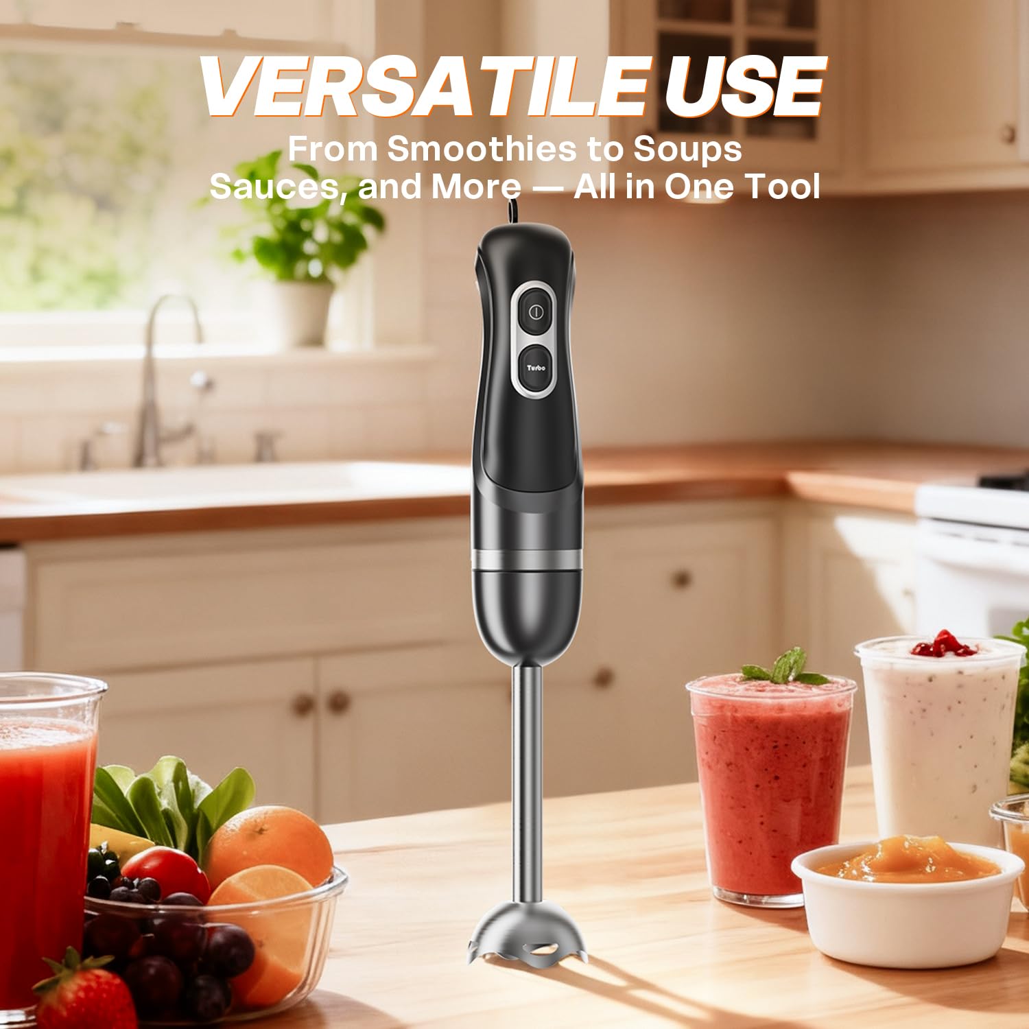 Turelar Immersion Blender Handheld Corded Hand Blenders Set 1100W, Trigger Variable Speed 5 in 1 Stick Emulsifier with Chopper, Whisk and Frother for Soup, Baby Food and Smoothies,Black