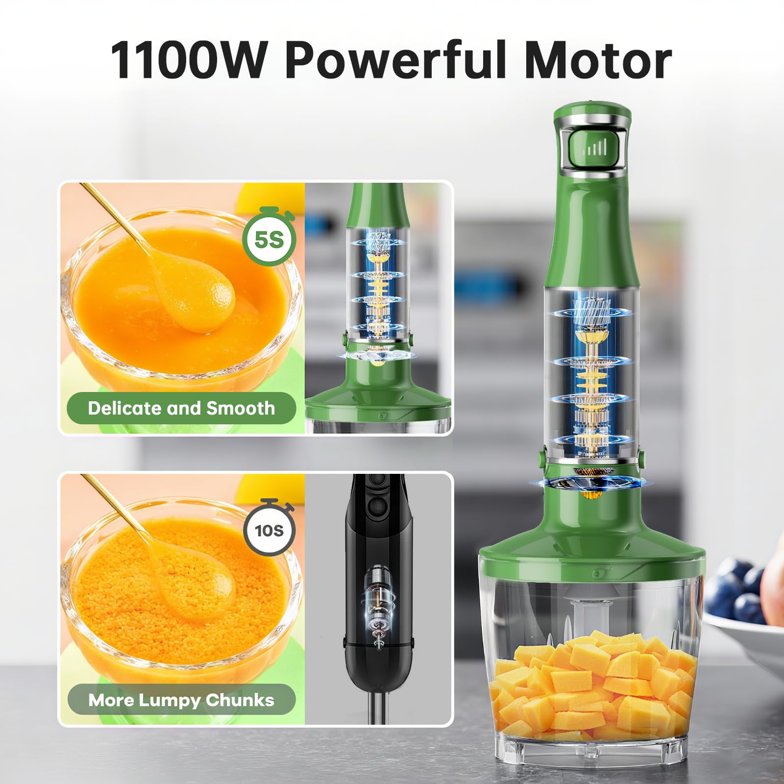 Turelar Immersion Blender Handheld Corded Hand Blenders Set 1100W, Trigger Variable Speed 5 in 1 Stick Emulsifier with Chopper, Whisk and Frother for Soup, Baby Food and Smoothies,Black