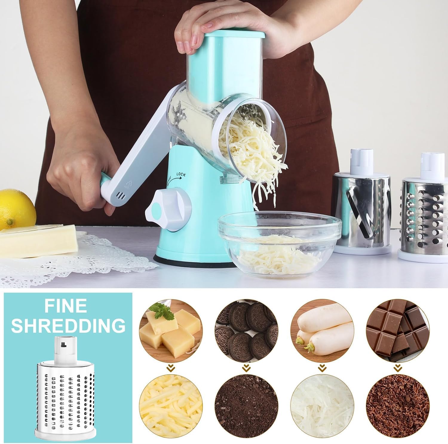 Cambom Rotary Cheese Grater Hand Crank Cheese Shredder for Fresh Cheese, Vegetable, Nuts,Non-slip Suction Base, Three Blades, Black