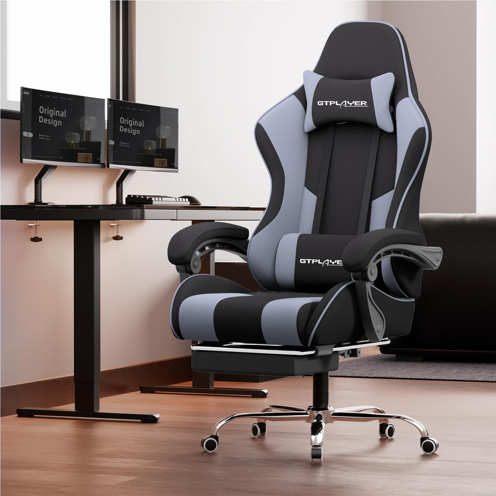 GTPLAYER Gaming Chair, Computer Chair with Footrest and Lumbar Support, Height Adjustable Game Chair with 360°-Swivel Seat and Headrest and for Office or Gaming (Pearl White)