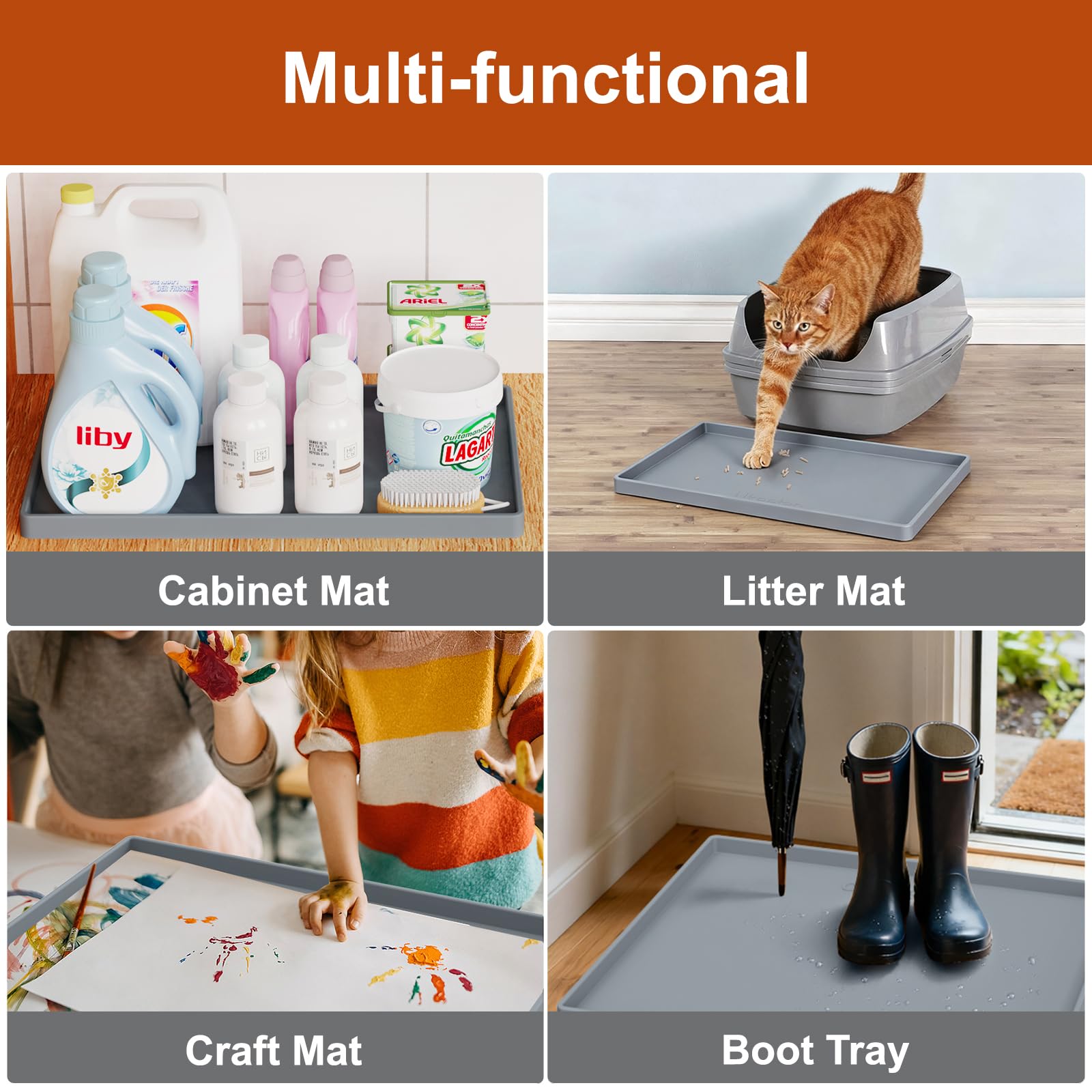 ukeetap Extra Thick Silicone Mat Waterproof with Raised Edge 34" x 22", Under Sink Mat for Kitchen & Bathroom, Kitchen Cabinet Liner, Multi-Purpose for Storage & Protection, Gray