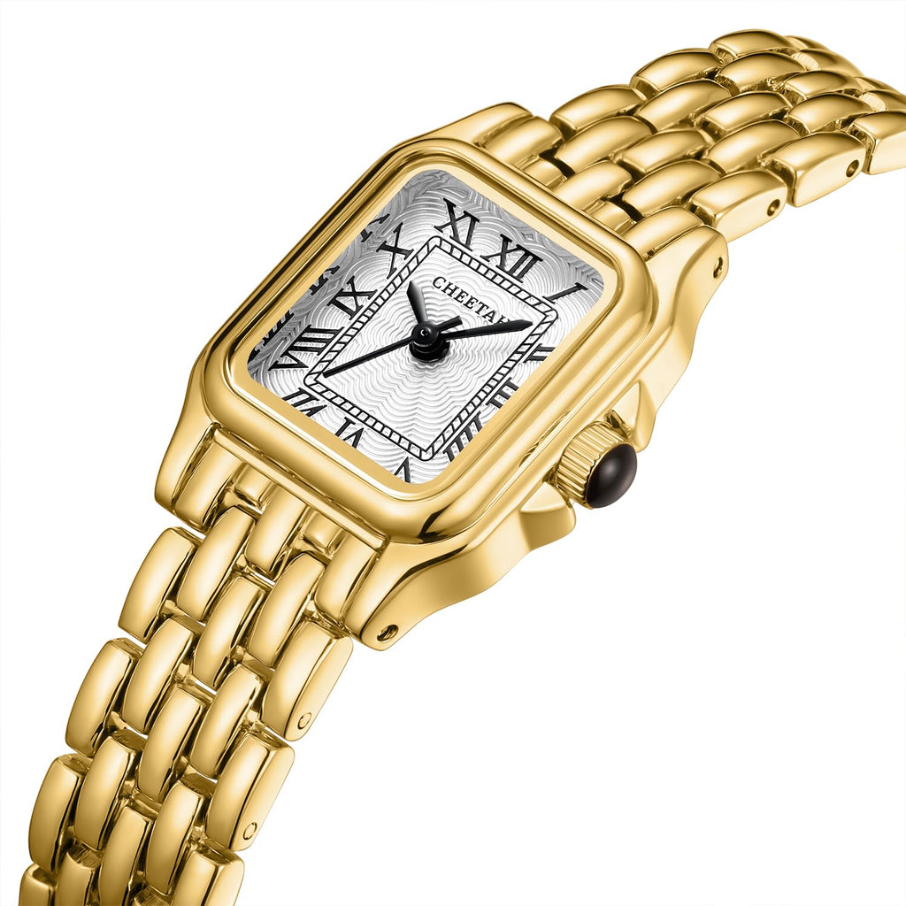 CHEETAH Gold Watches for Women with Small Vintage Bracelet, Rectangular Case Roman Dial
