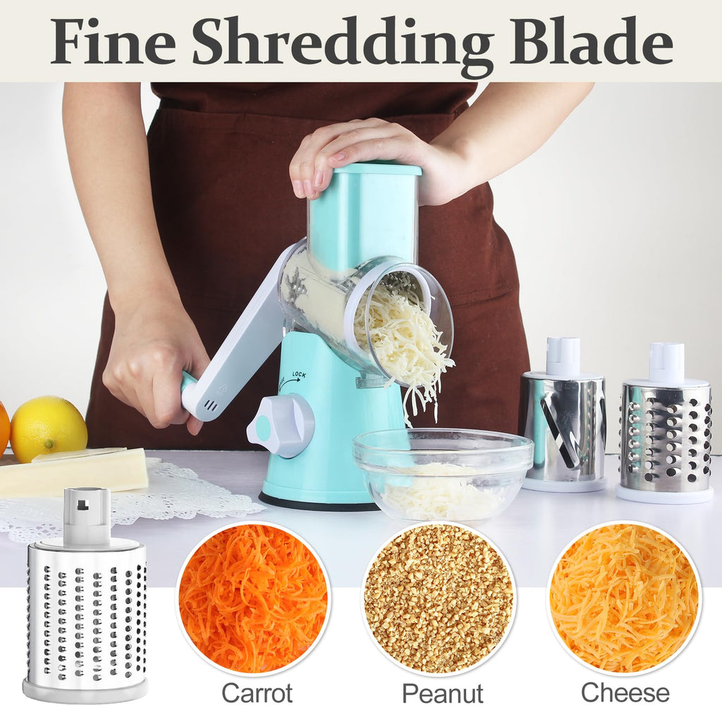 Cambom Rotary Cheese Grater Hand Crank Cheese Shredder for Fresh Cheese, Vegetable, Nuts,Non-slip Suction Base, Three Blades, Black