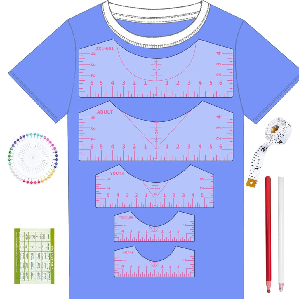 9Pcs Tshirt-Ruler Guide to Center Vinyl, Transparent V-Neck/Round PVC Ruler for Alignment, Heat Press, Children Youth Adult, Front and Back Measurement (10in)