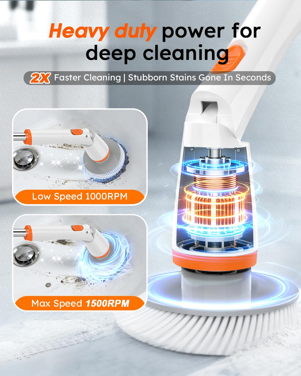 TUYU Electric Spin Scrubber,IPX7 Full-Body Waterproof Cordless Cleaning Tool, LCD Battery Indicator, Adjustable Extension Handle, 90-Minute Runtime for Bathroom, Kitchen, Glass, Car